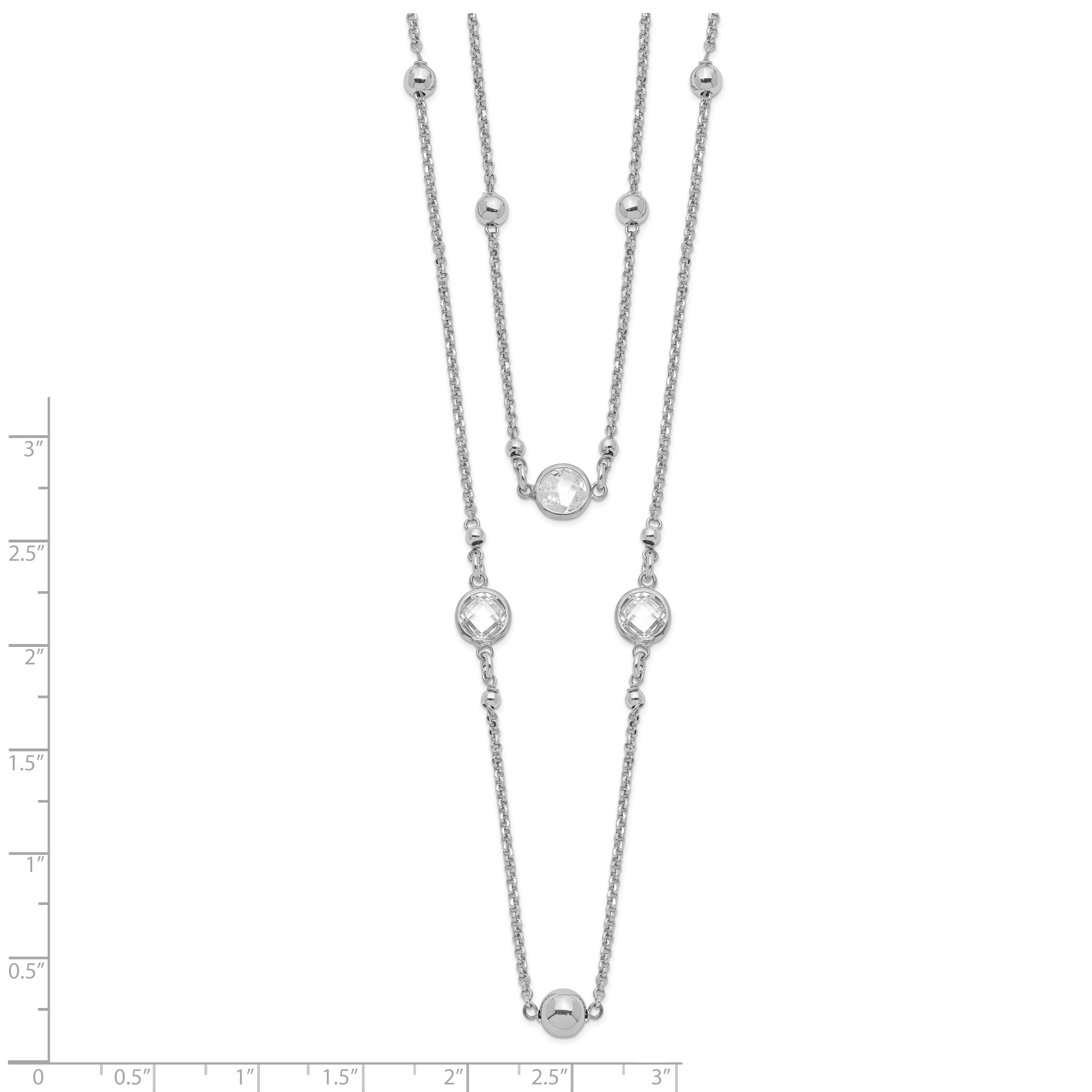 Sterling Silver Rhodium-plated CZ/Beaded 2-strand With 1in Ext. Necklace