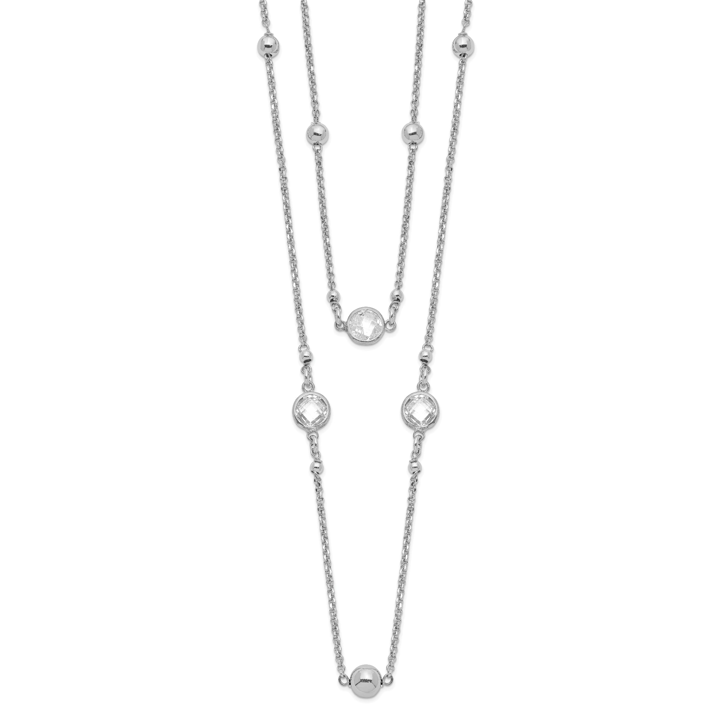 Sterling Silver Rhodium-plated CZ/Beaded 2-strand With 1in Ext. Necklace