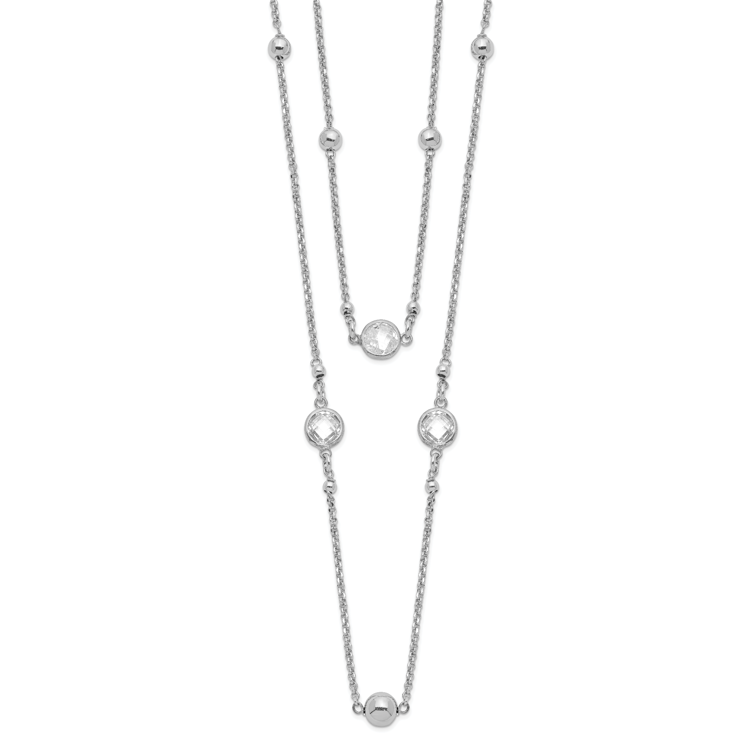 Sterling Silver Rhodium-plated CZ/Beaded 2-strand With 1in Ext. Necklace Main image