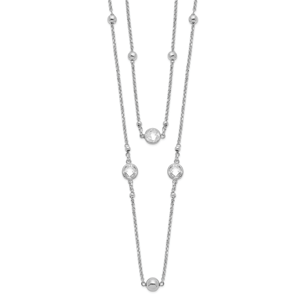 Sterling Silver Rhodium-plated CZ/Beaded 2-strand With 1in Ext. Necklace