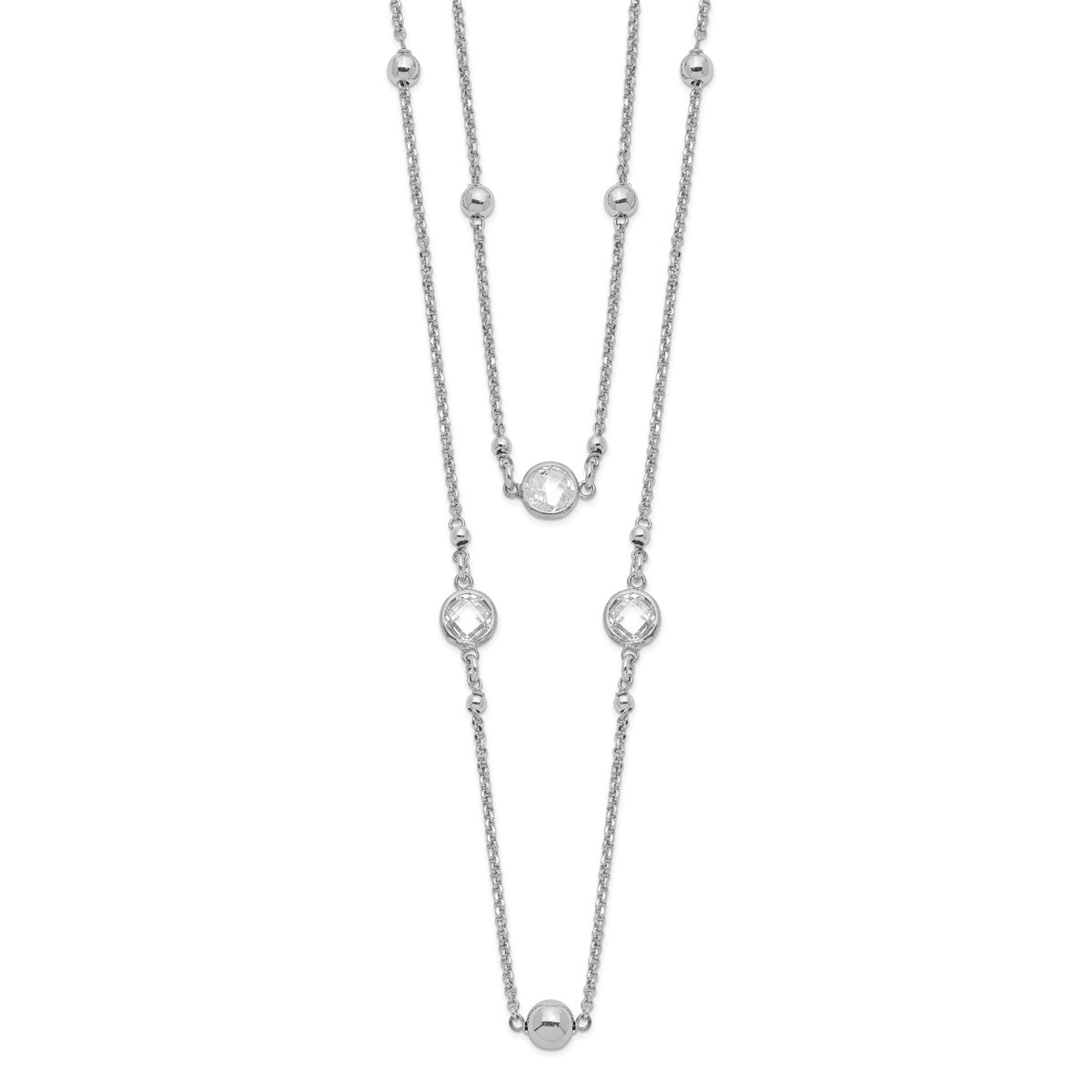 Sterling Silver Rhodium-plated CZ/Beaded 2-strand With 1in Ext. Necklace