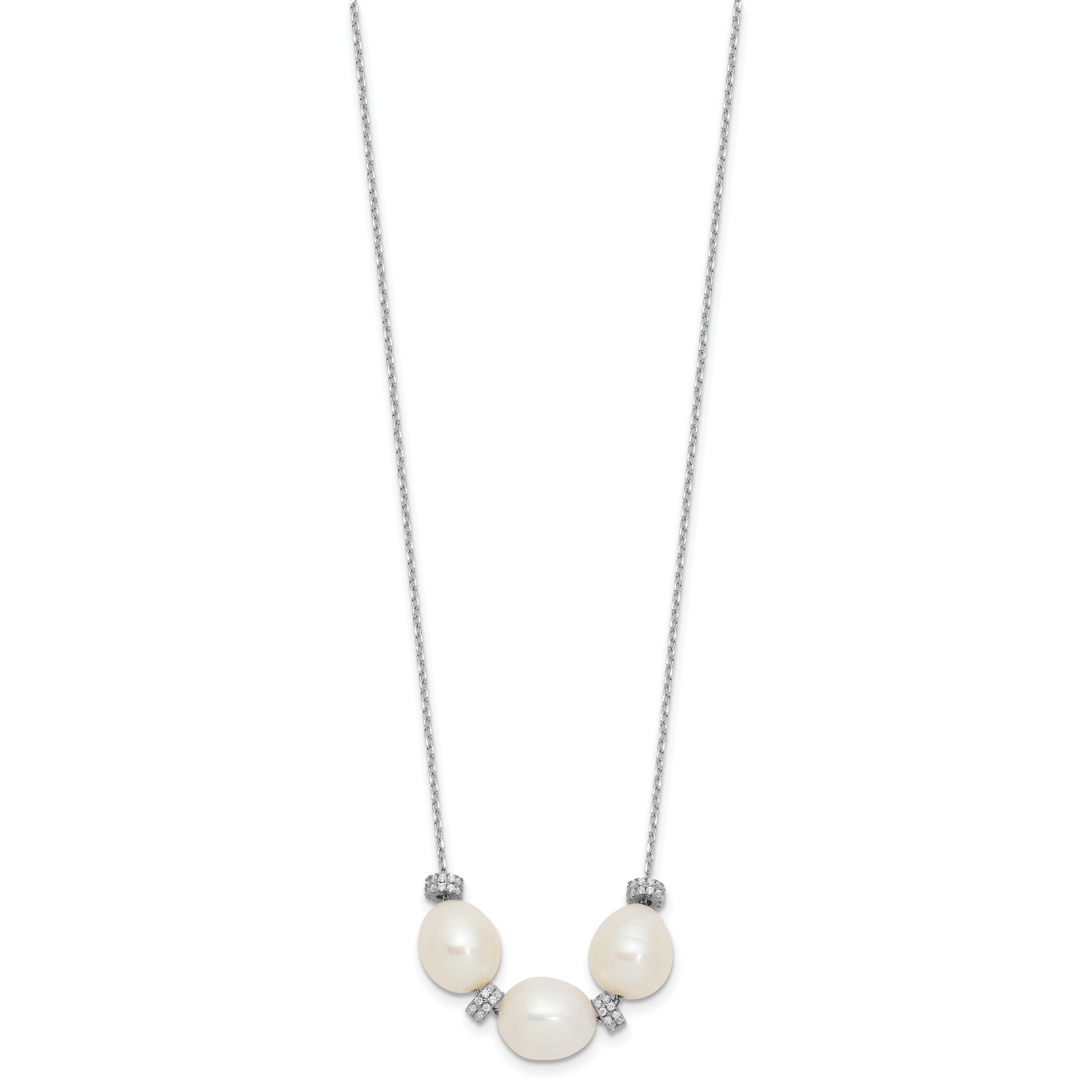 Sterling Silver Rhodium-plated CZ Bead/FWC Pearl With  2in ext. Necklace