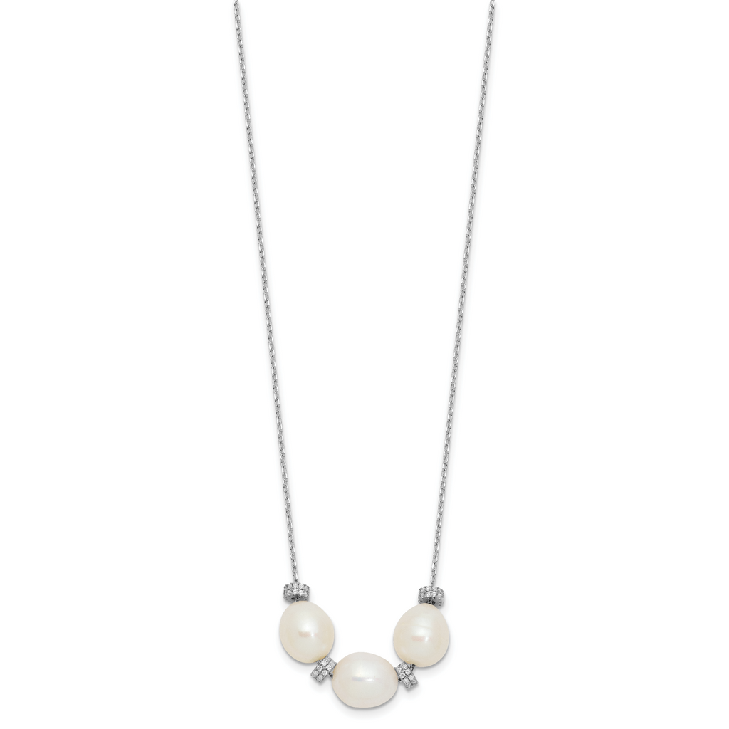 Sterling Silver Rhodium-plated CZ Bead/FWC Pearl With  2in ext. Necklace