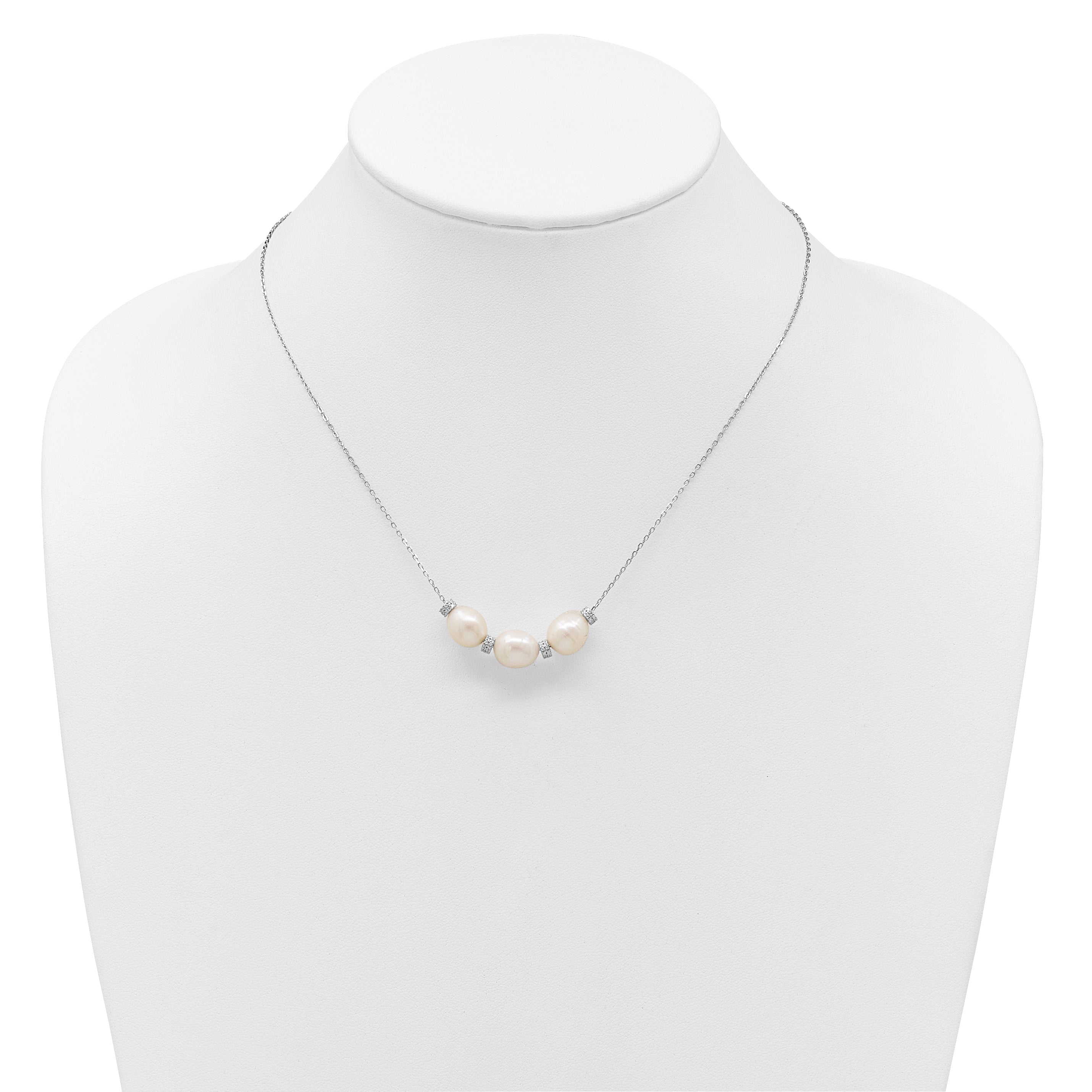 Sterling Silver Rhodium-plated CZ Bead/FWC Pearl With  2in ext. Necklace