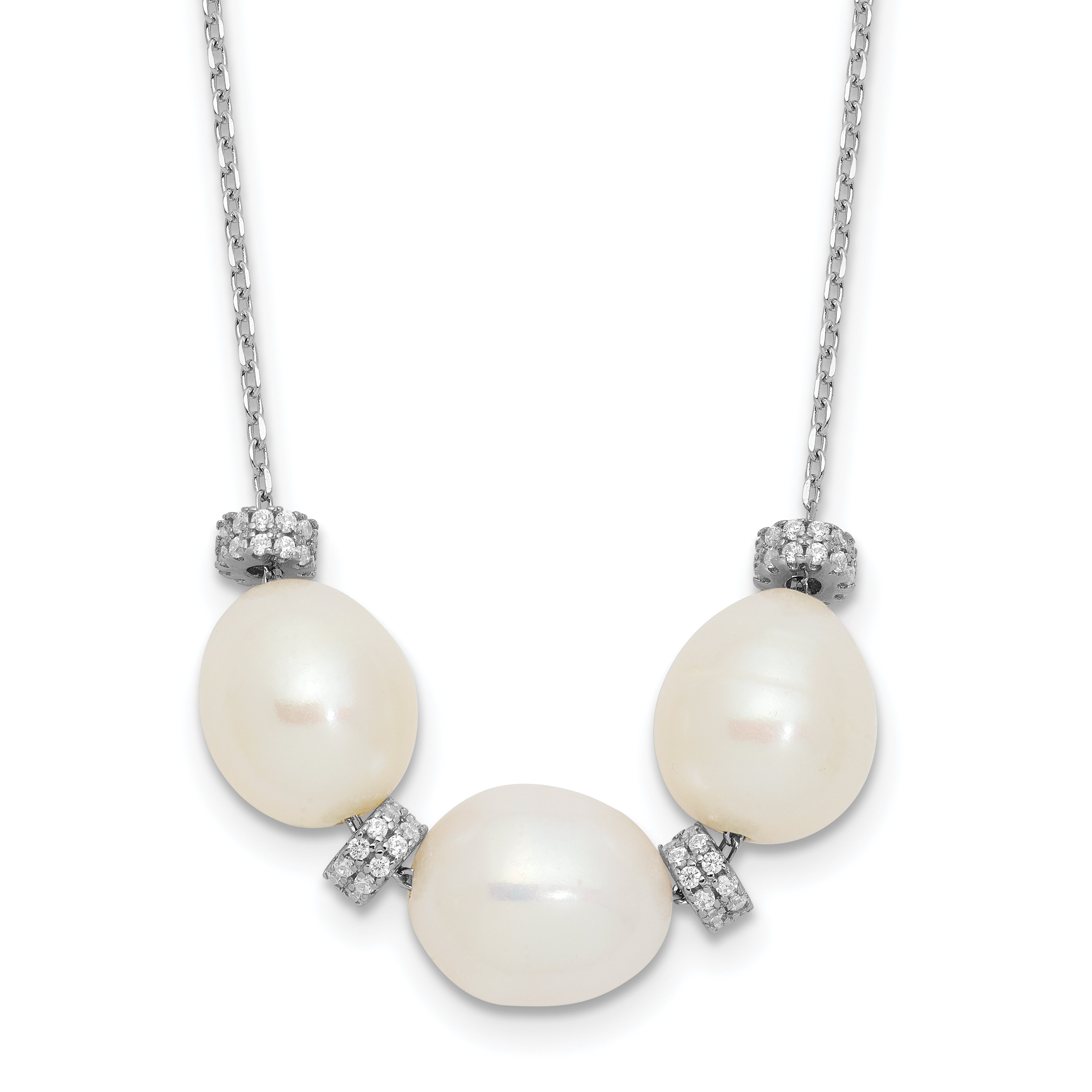 Sterling Silver Rhodium-plated CZ Bead/FWC Pearl With  2in ext. Necklace