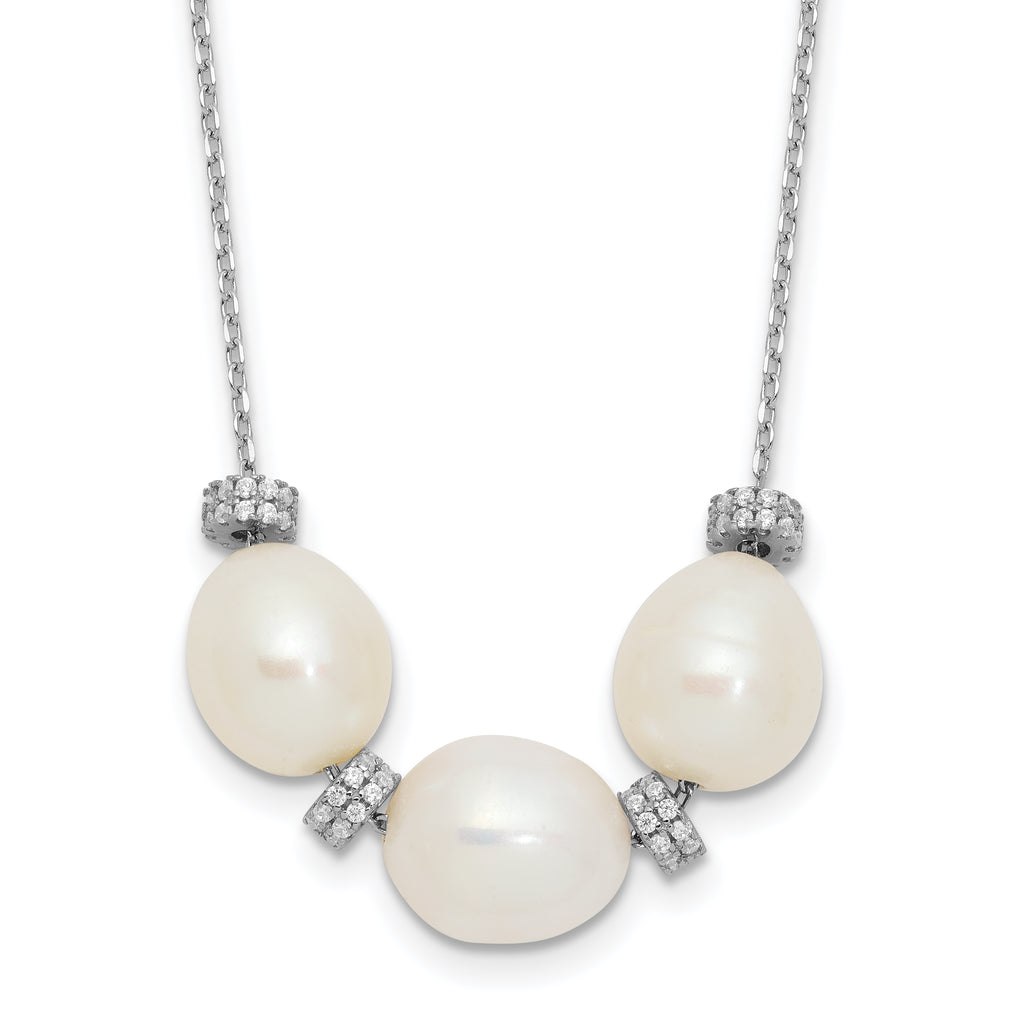 Sterling Silver Rhodium-plated CZ Bead/FWC Pearl With  2in ext. Necklace