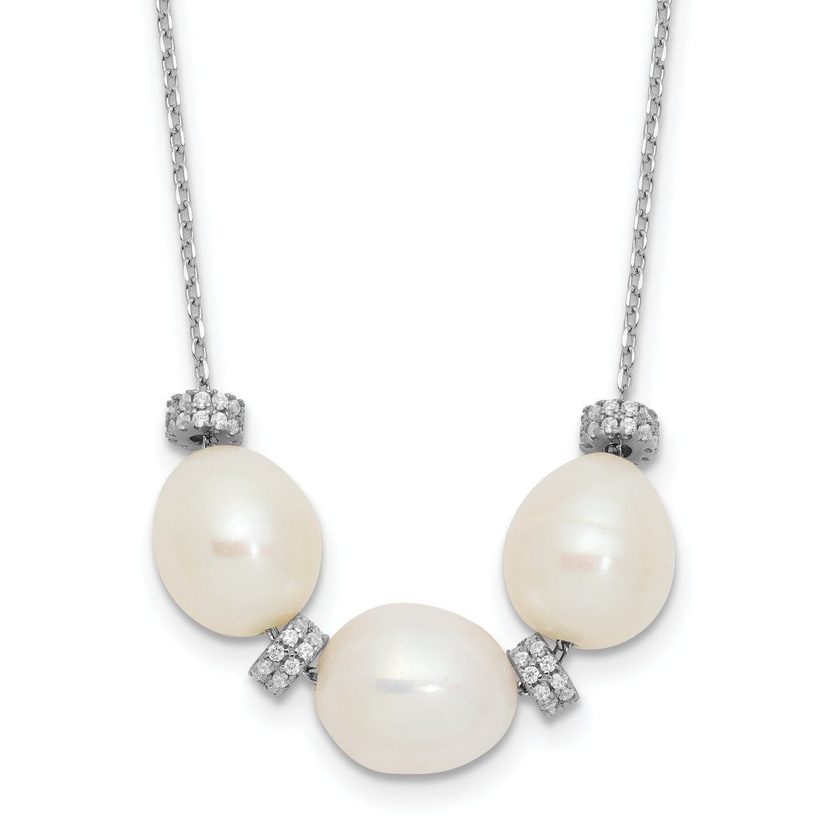 Sterling Silver Rhodium-plated CZ Bead/FWC Pearl With  2in ext. Necklace