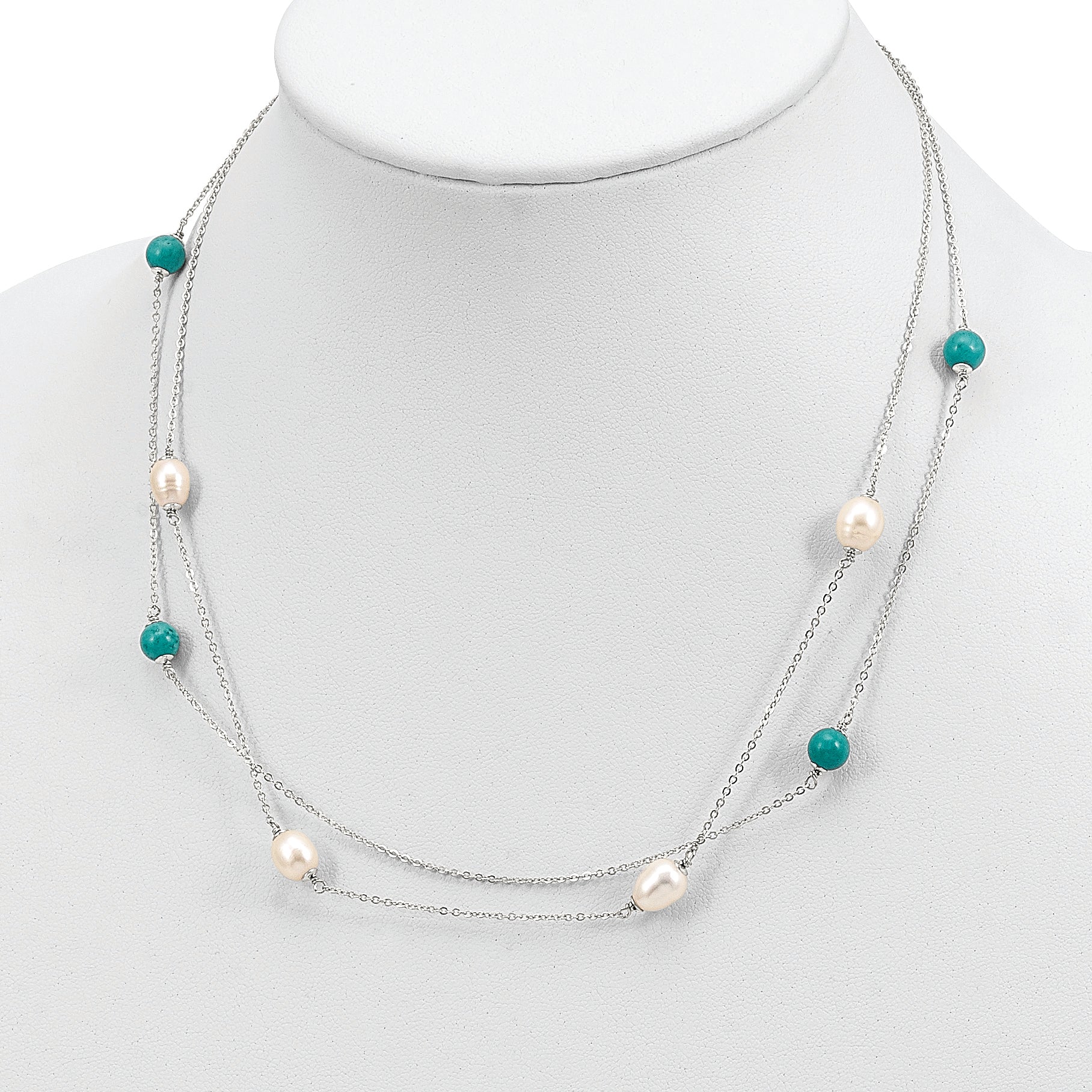 Sterling Silver Rhod-plated Turquoise/FWC Pearl With 2 in ext Necklace