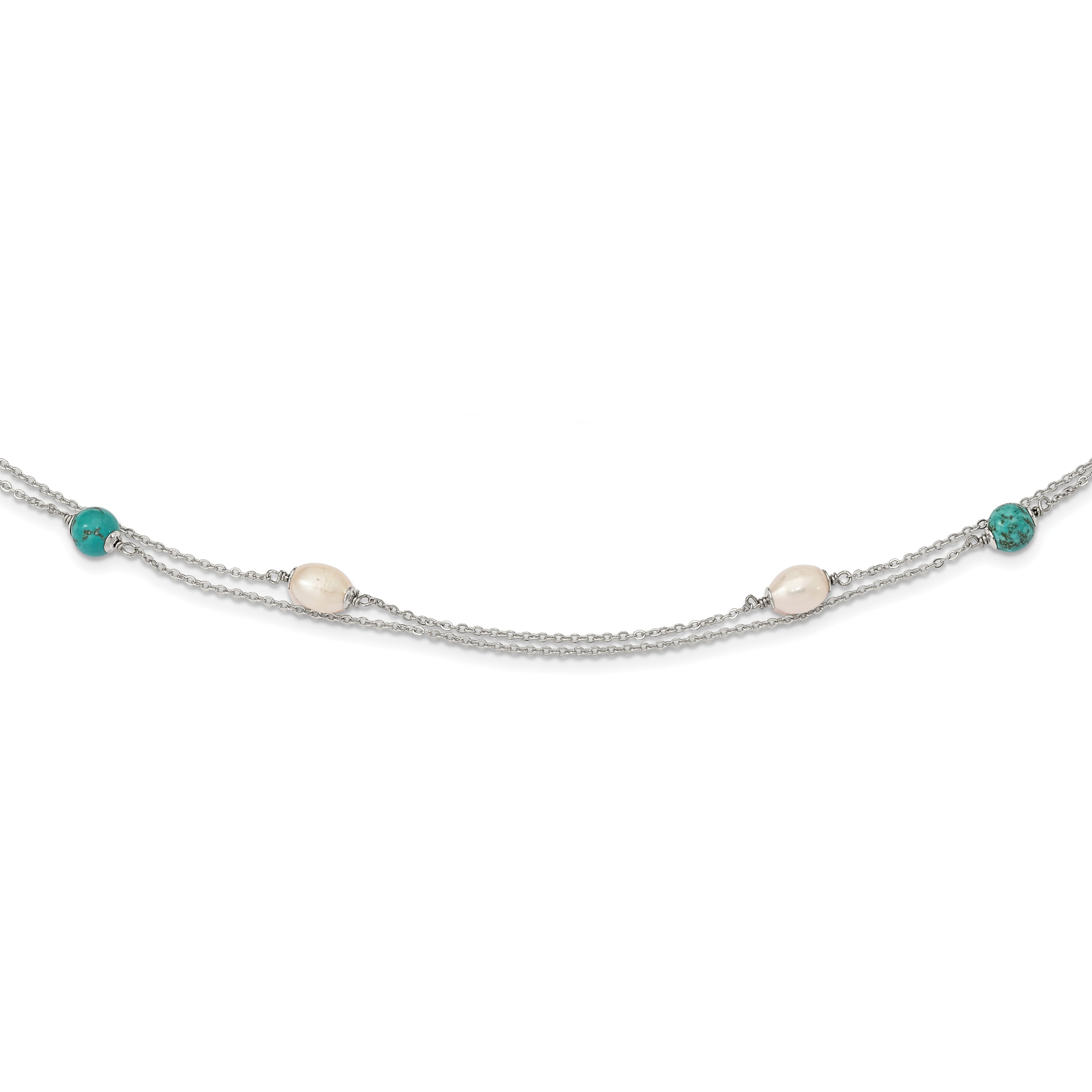 Sterling Silver Rhod-plated Turquoise/FWC Pearl With 2 in ext Necklace