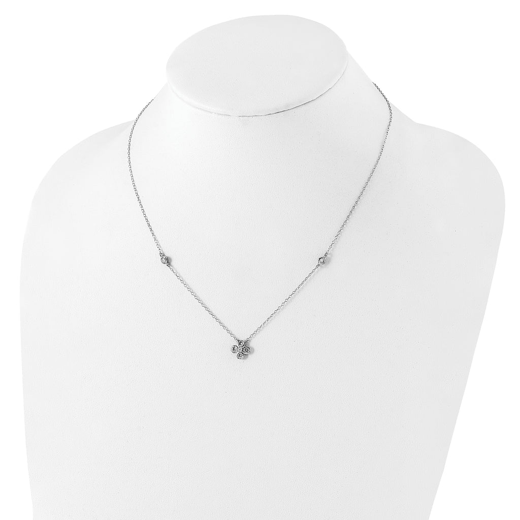 Sterling Silver Rhodium-plated Polished CZ Flower with 2in ext. Necklace