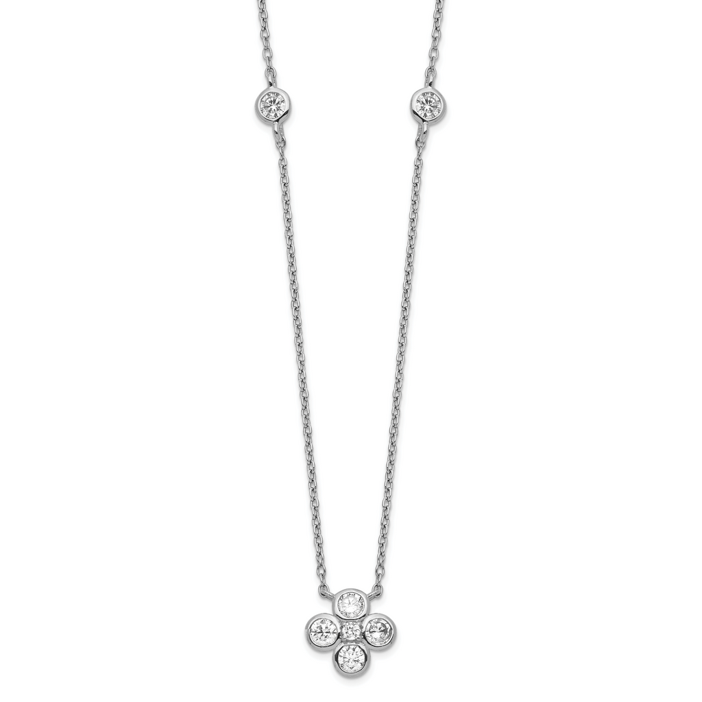 Sterling Silver Rhodium-plated Polished CZ Flower with 2in ext. Necklace