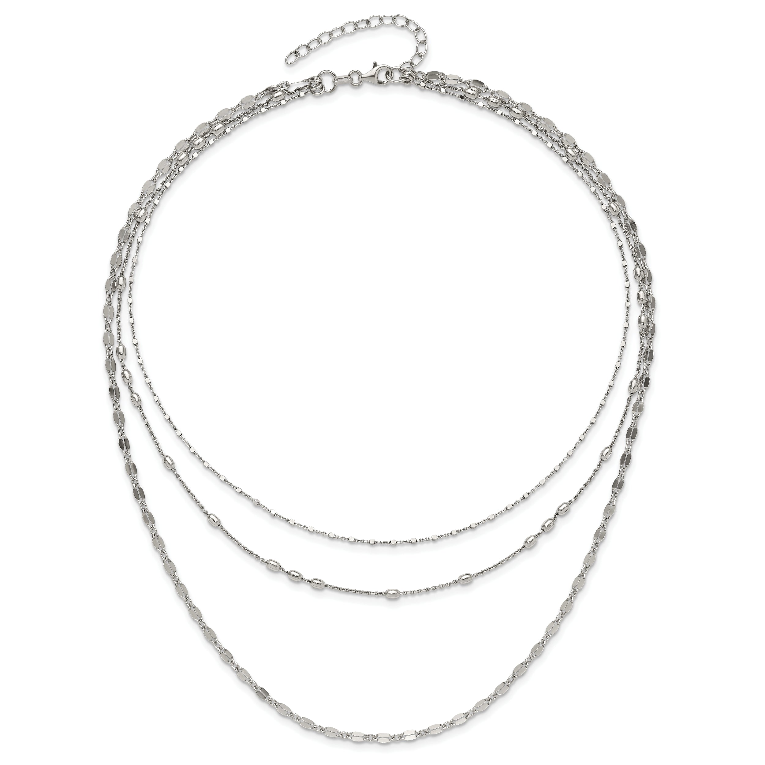 Sterling Silver Rhodium-plated Beaded Layered with 2in .ext Necklace
