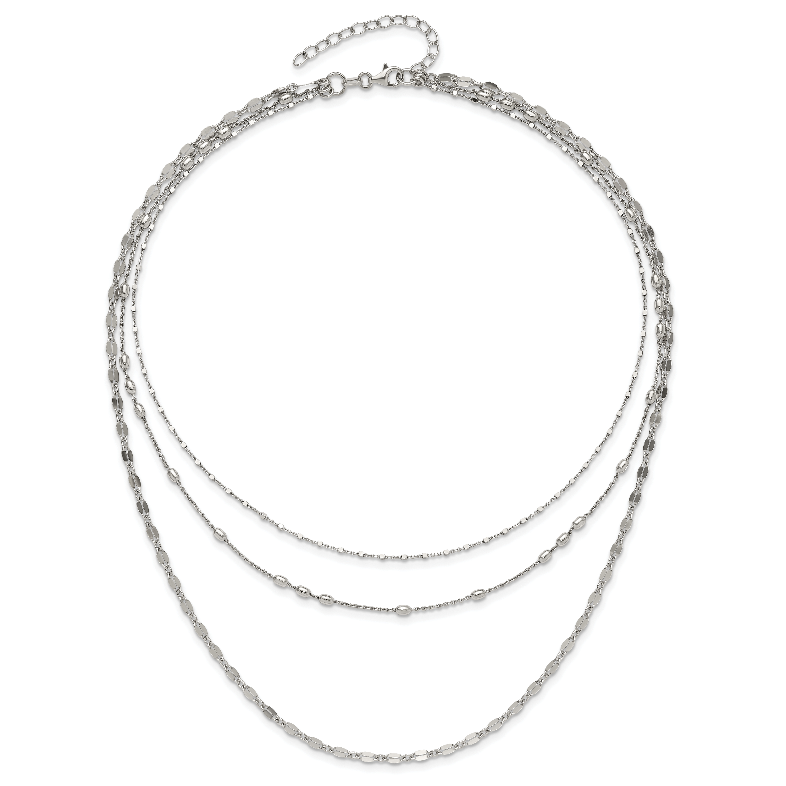 Sterling Silver Rhodium-plated Beaded Layered with 2in .ext Necklace