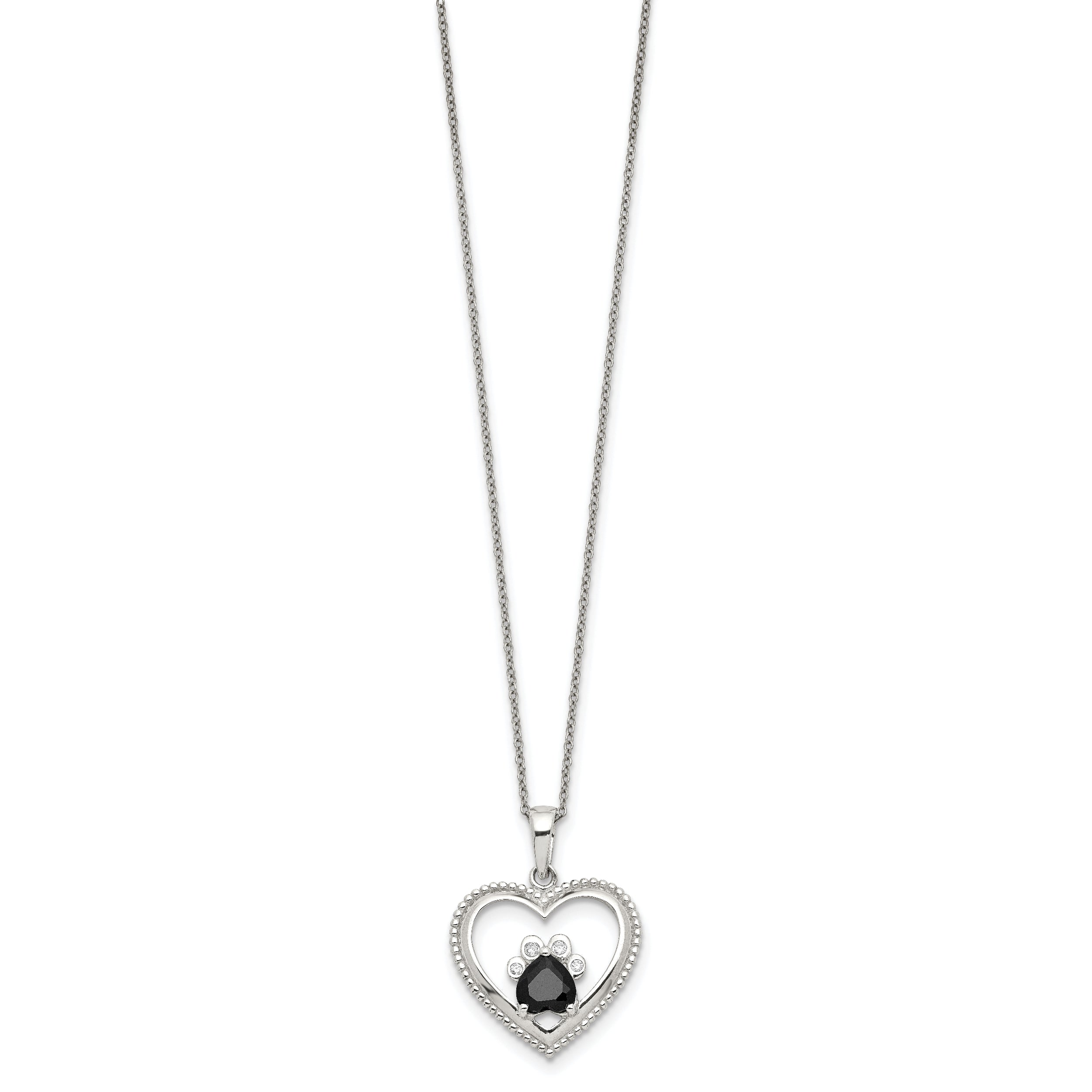 Sterling Silver Black and White CZ Heart with Paw Print 18 inch Necklace