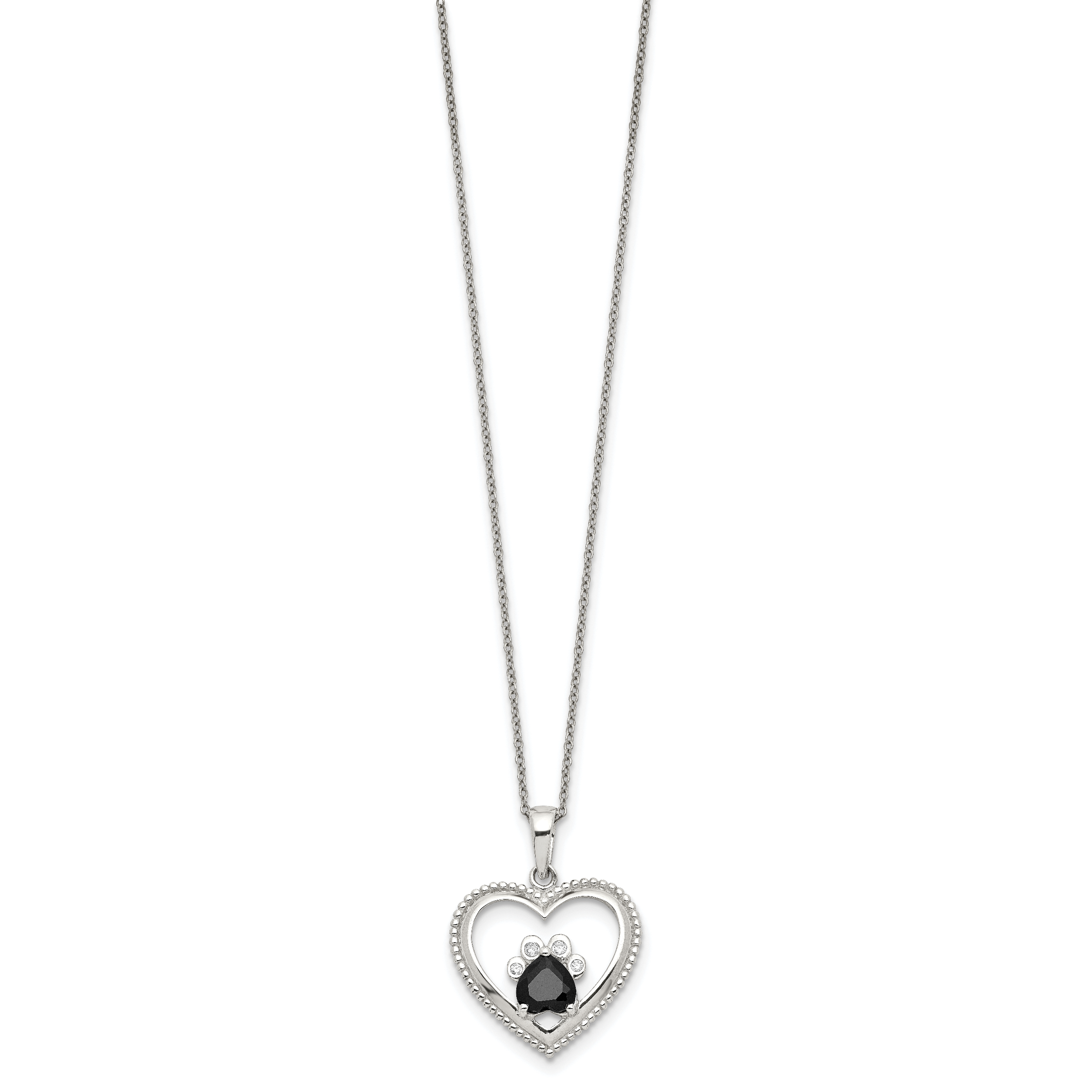 Sterling Silver Black and White CZ Heart with Paw Print 18 inch Necklace