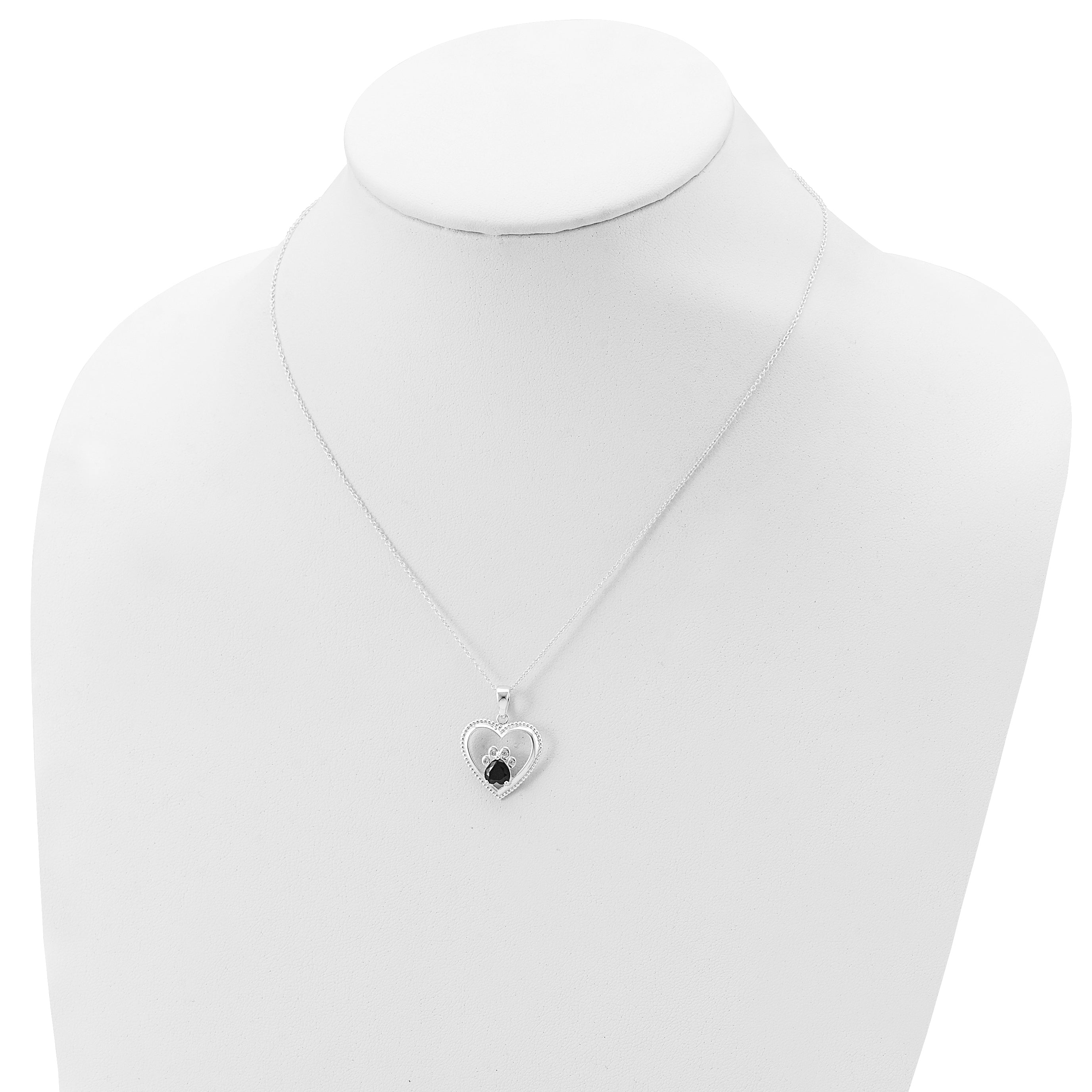 Sterling Silver Black and White CZ Heart with Paw Print 18 inch Necklace