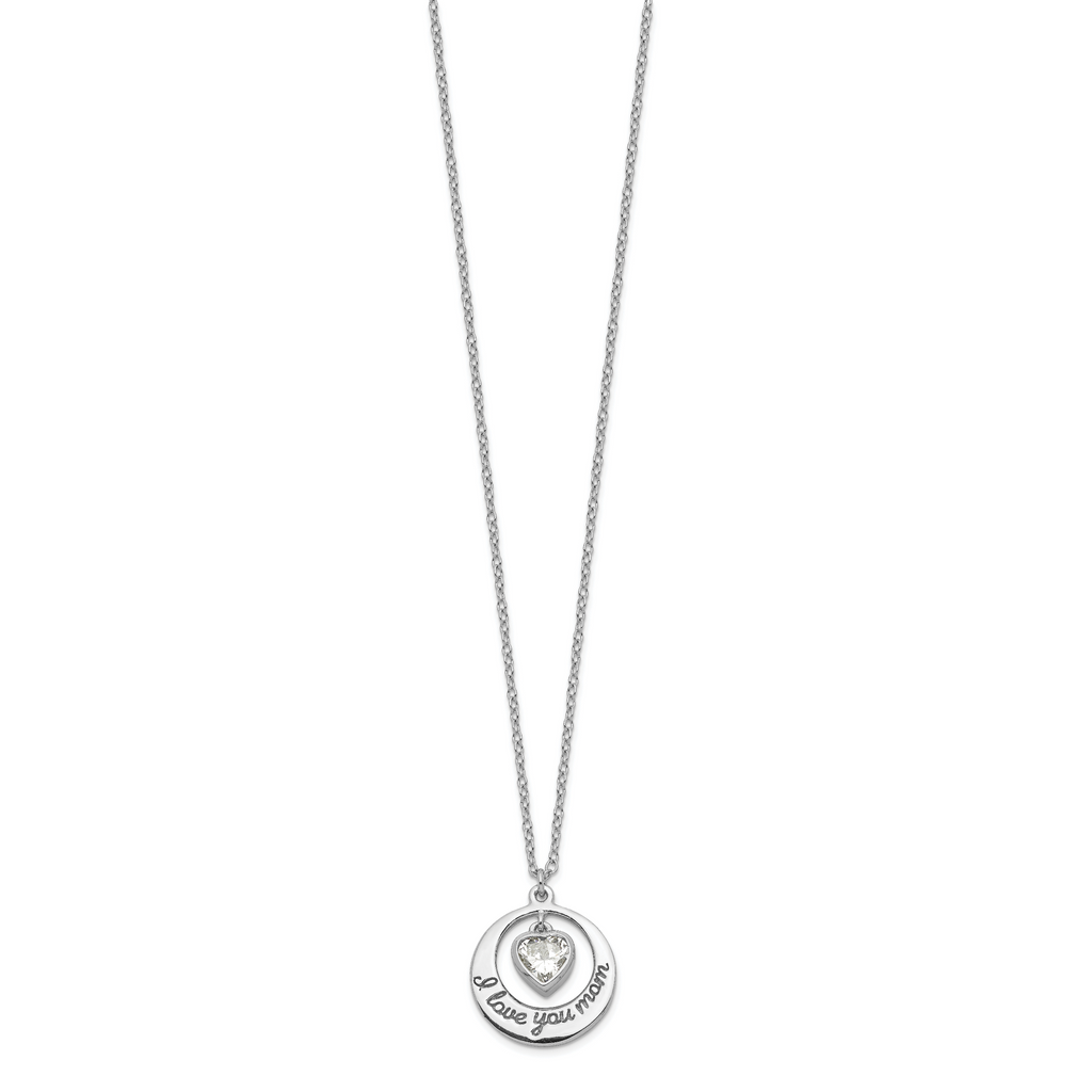 Sterling Silver Rhodium-plated I LOVE YOU MOM with CZ Heart Dangle 15 inch Necklace with 2 inch extension
