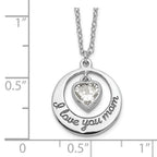 Sterling Silver Rhodium-plated I LOVE YOU MOM with CZ Heart Dangle 15 inch Necklace with 2 inch extension