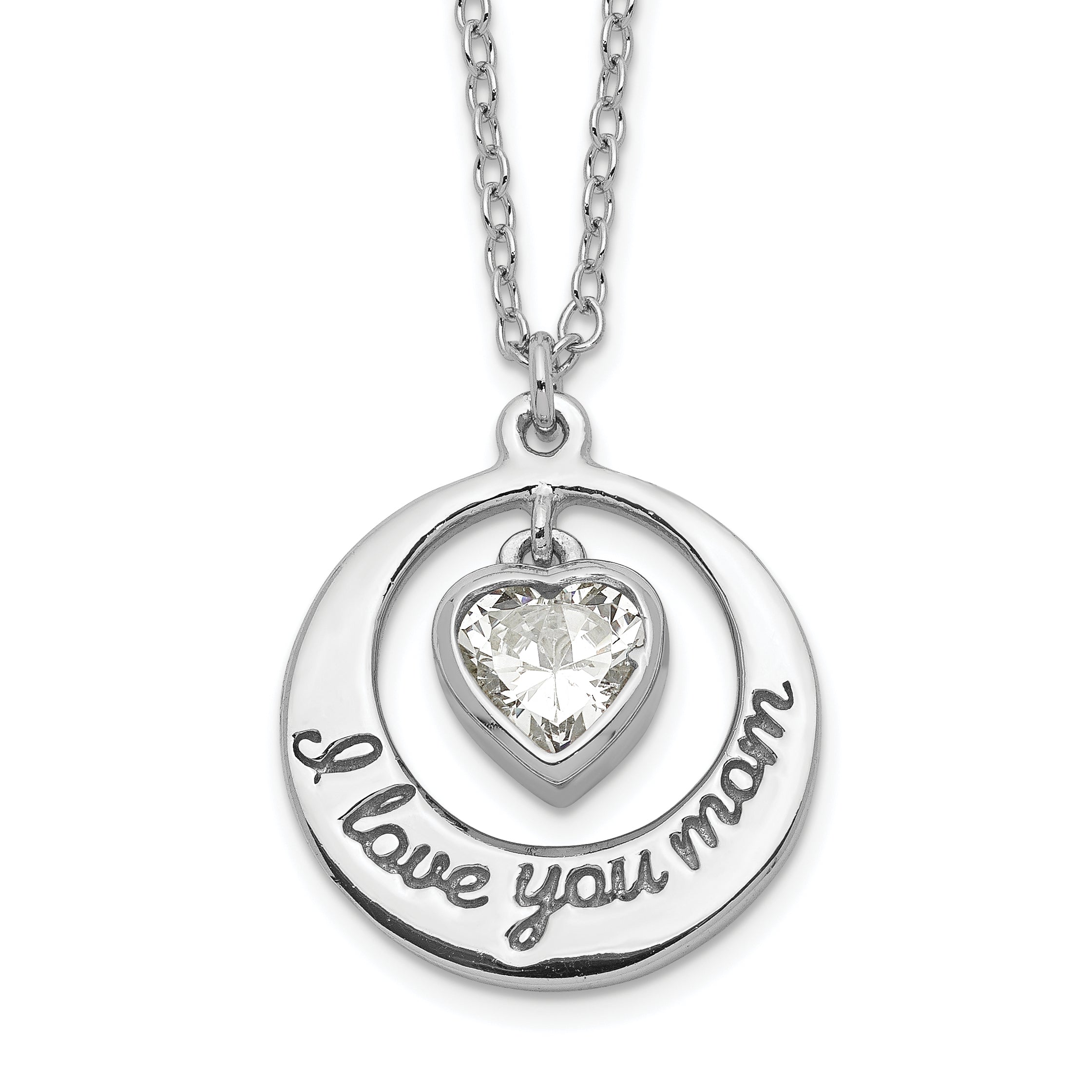 Sterling Silver Rhodium-plated I LOVE YOU MOM with CZ Heart Dangle 15 inch Necklace with 2 inch extension Main image