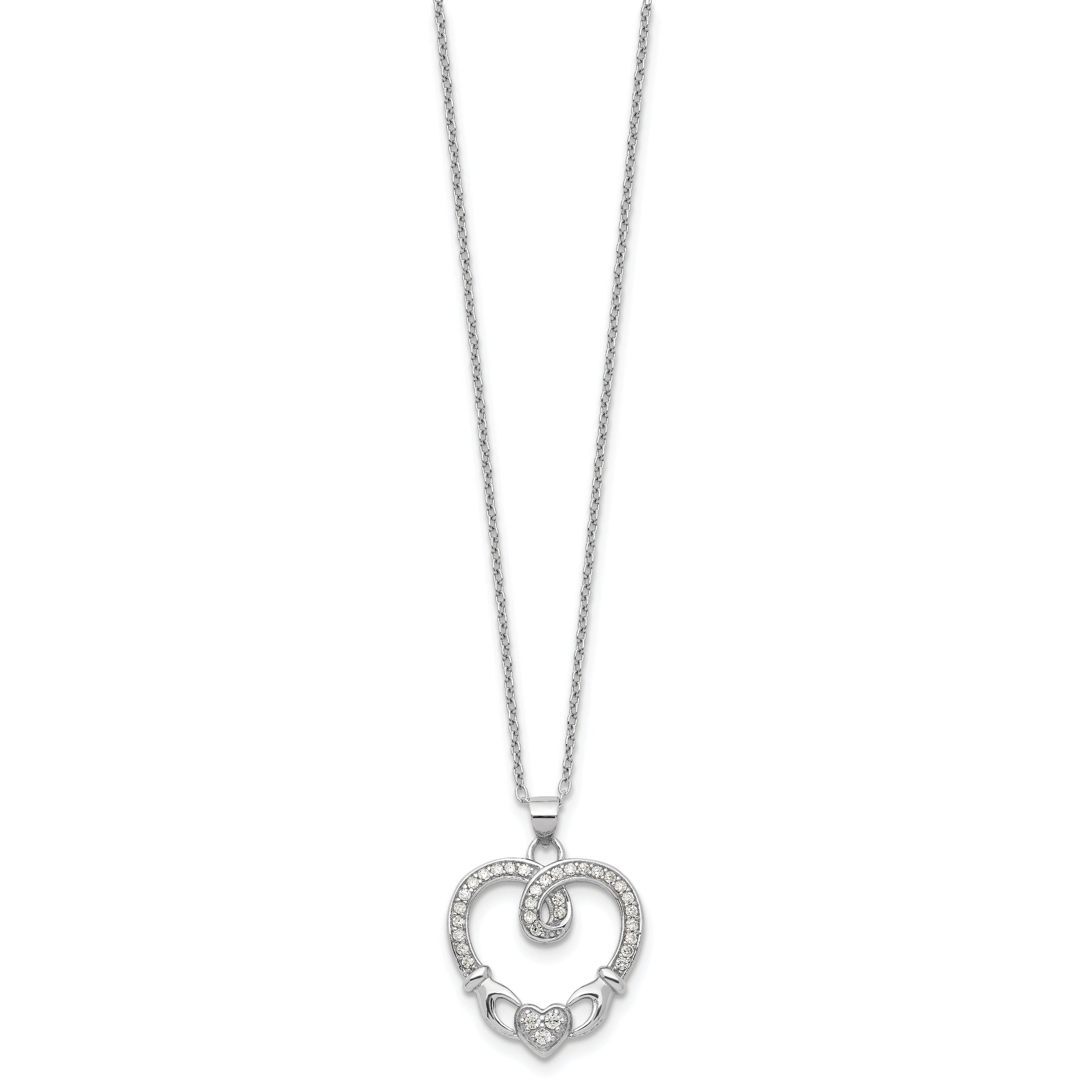 Sterling Silver Rhod-plated Claddagh Heart CZ  With  1 in ext.Necklace