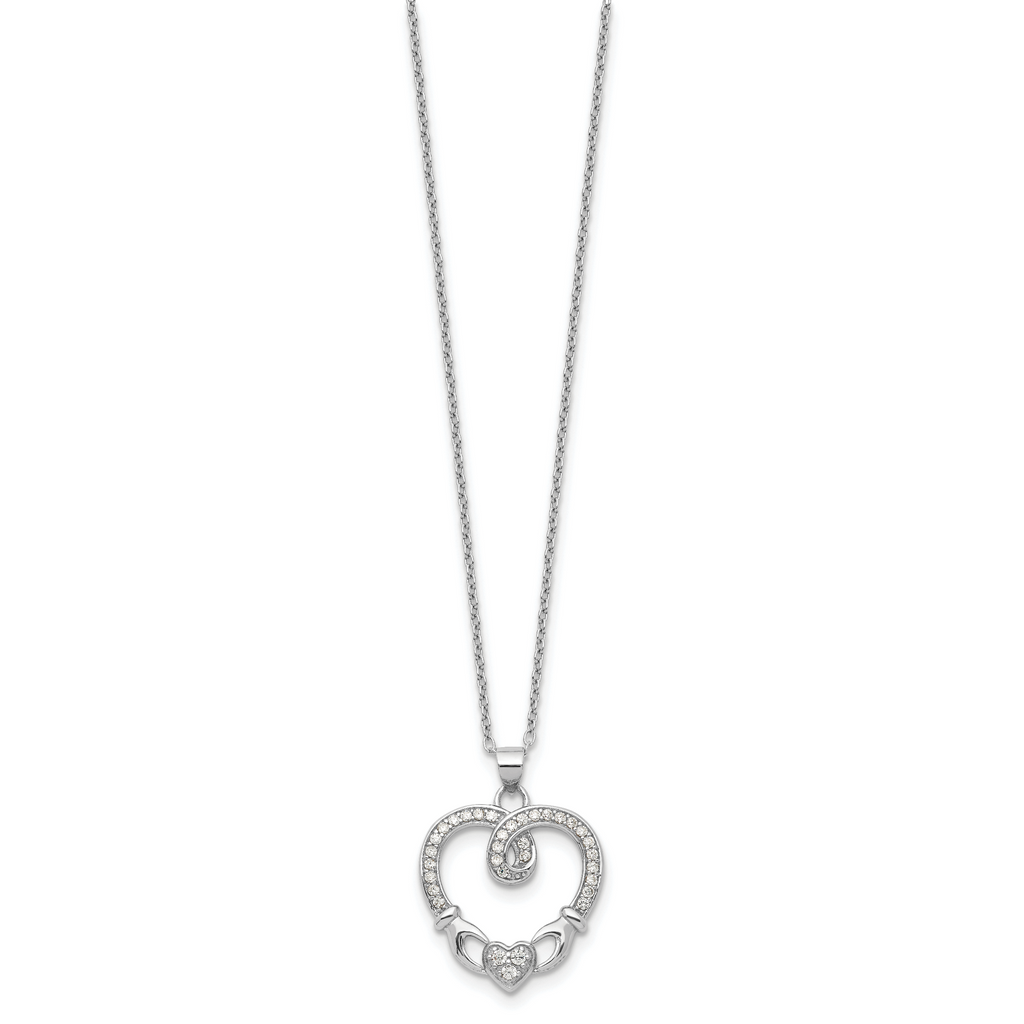 Sterling Silver Rhod-plated Claddagh Heart CZ  With  1 in ext.Necklace