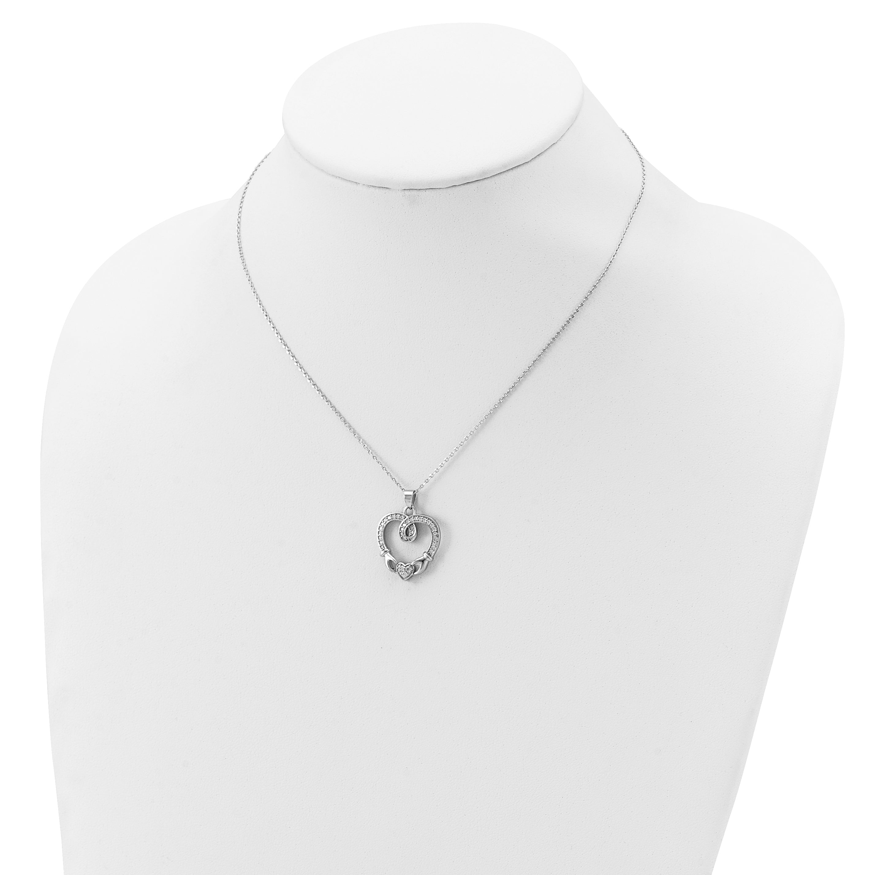 Sterling Silver Rhod-plated Claddagh Heart CZ  With  1 in ext.Necklace