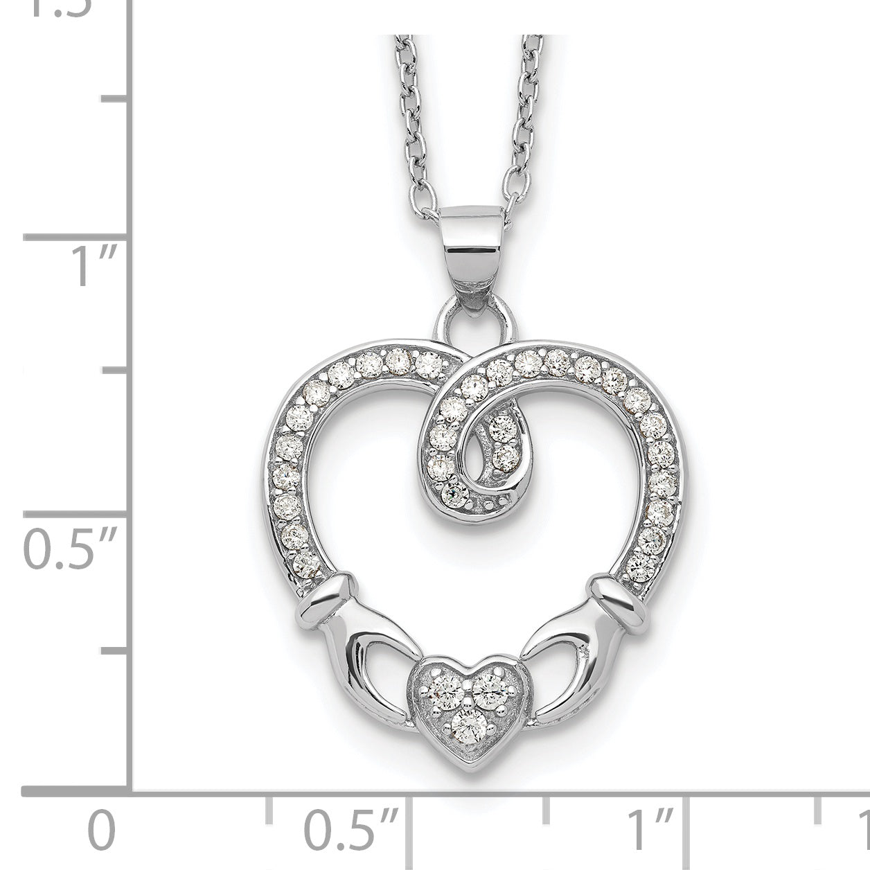 Sterling Silver Rhod-plated Claddagh Heart CZ  With  1 in ext.Necklace