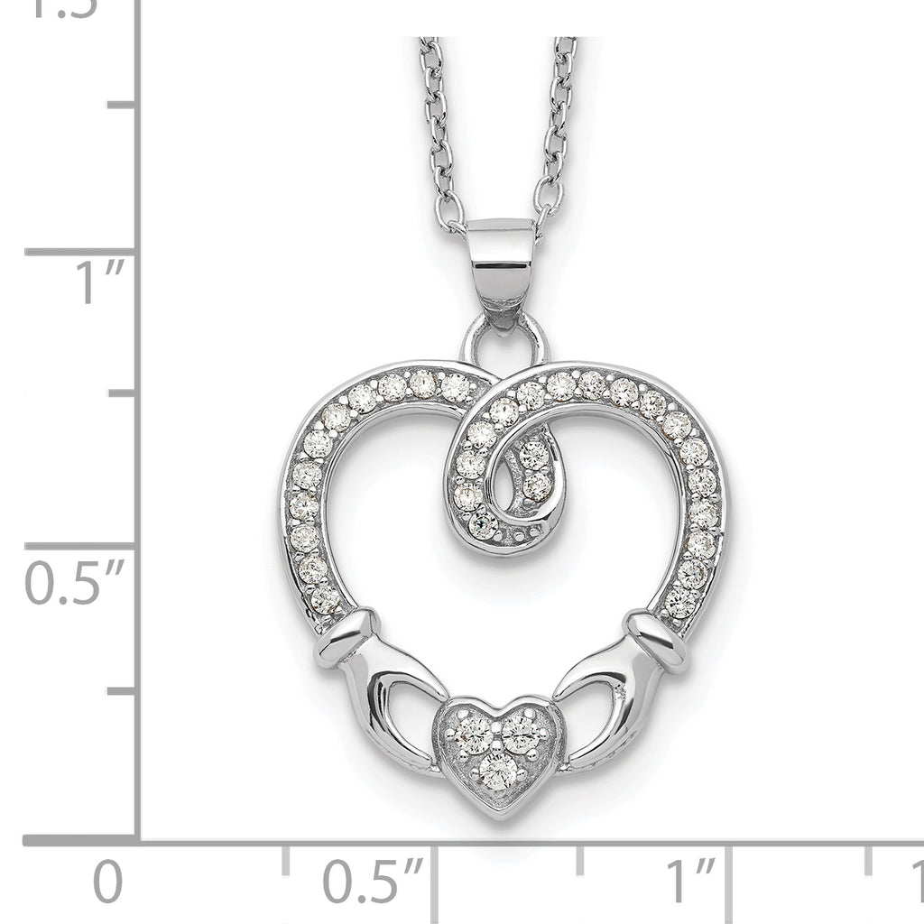Sterling Silver Rhod-plated Claddagh Heart CZ  With  1 in ext.Necklace