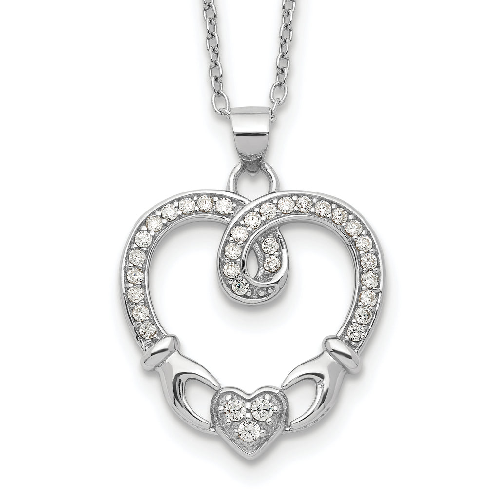 Sterling Silver Rhod-plated Claddagh Heart CZ  With  1 in ext.Necklace