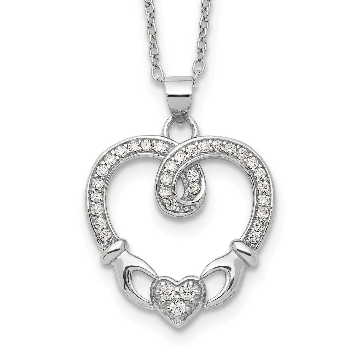 Sterling Silver Rhod-plated Claddagh Heart CZ  With  1 in ext.Necklace