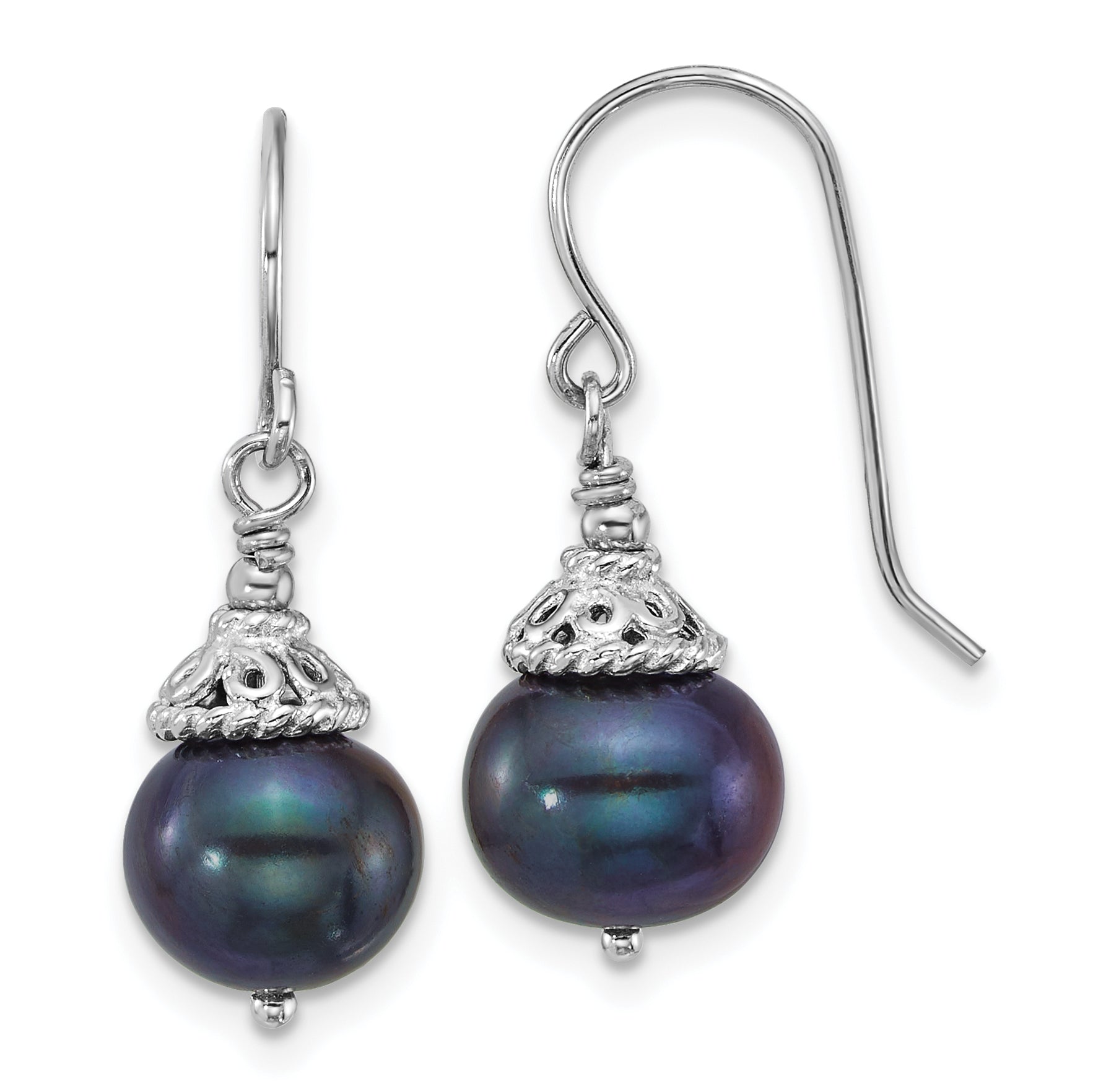 Sterling Silver Rhodium-plated 9-10mm Black Semi-Round Freshwater Cultured Pearl 18 inch Necklace and Dangle Earrings Set
