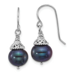Sterling Silver Rhodium-plated 9-10mm Black Semi-Round Freshwater Cultured Pearl 18 inch Necklace and Dangle Earrings Set