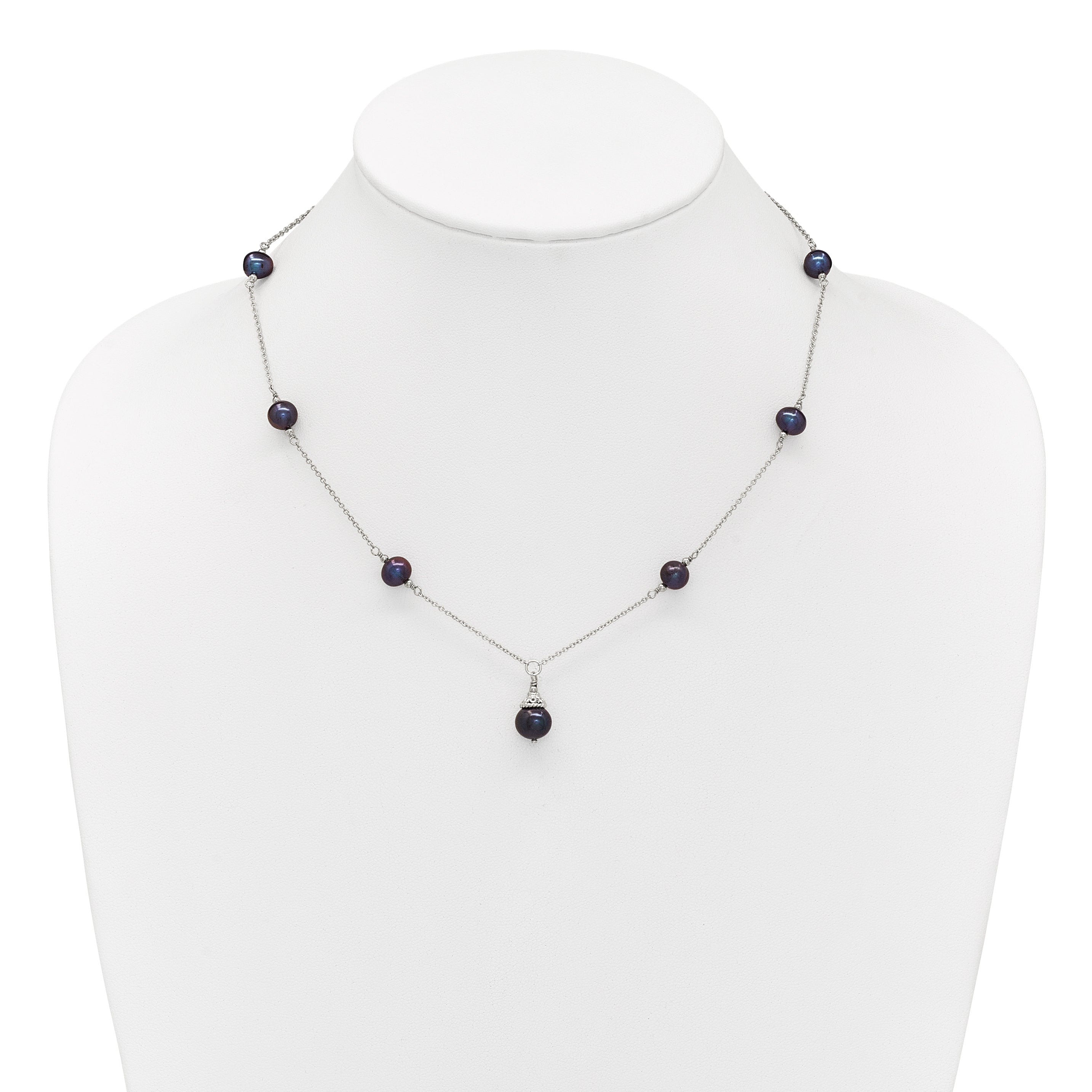 Sterling Silver Rhodium-plated 9-10mm Black Semi-Round Freshwater Cultured Pearl 18 inch Necklace and Dangle Earrings Set