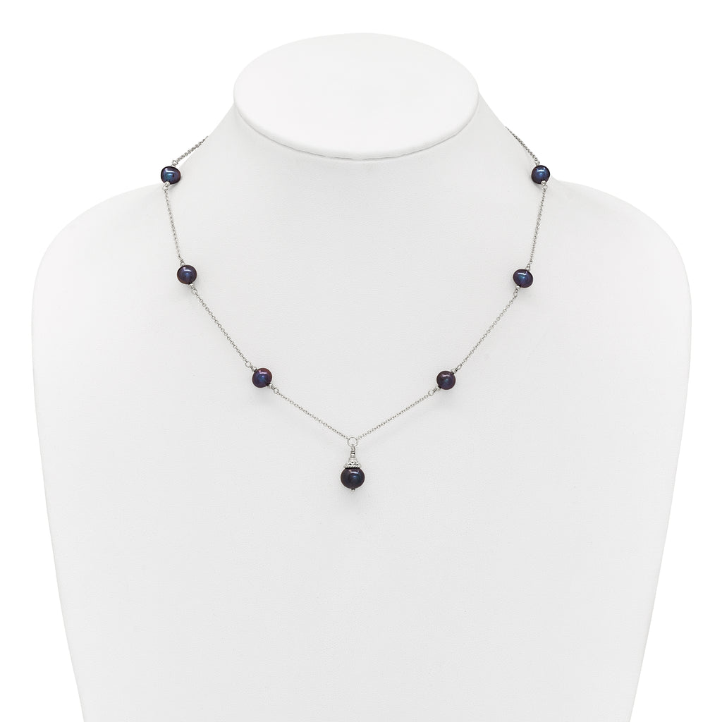Sterling Silver Rhodium-plated 9-10mm Black Semi-Round Freshwater Cultured Pearl 18 inch Necklace and Dangle Earrings Set