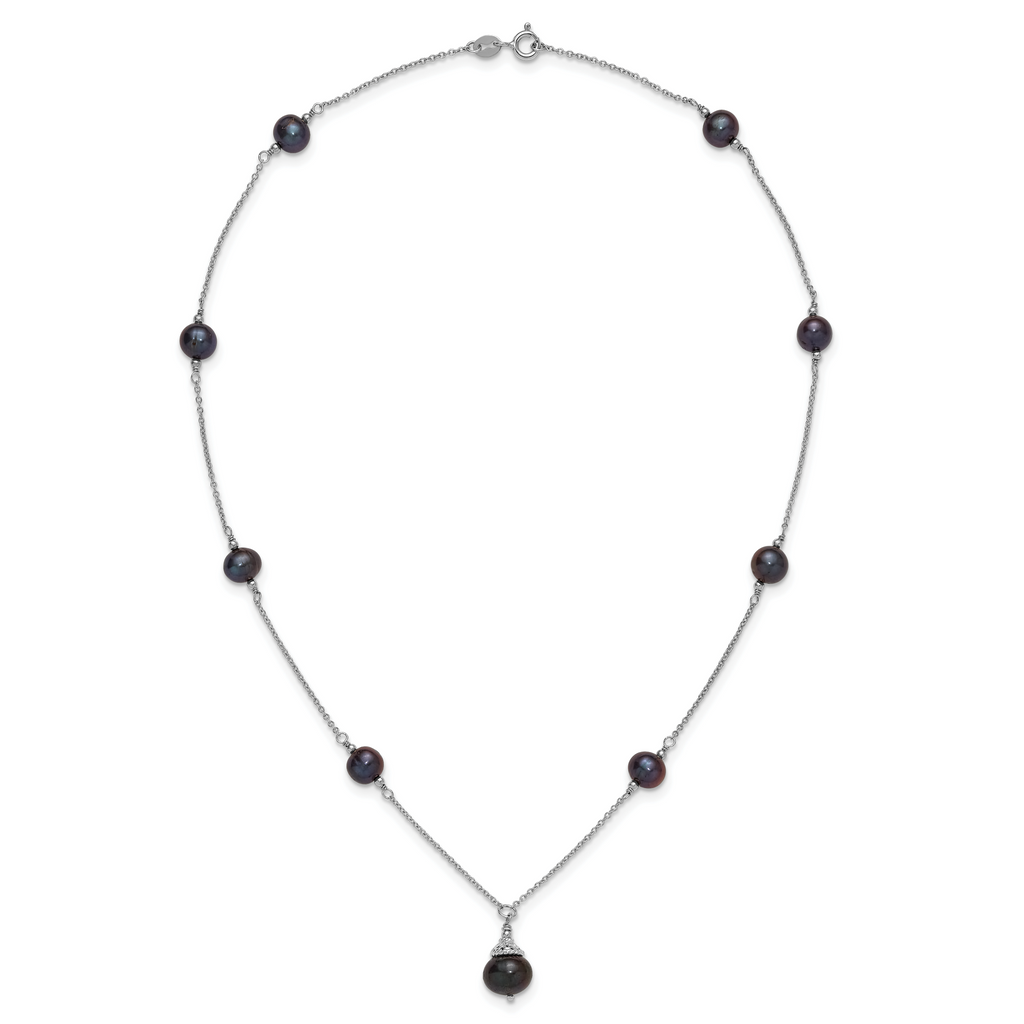 Sterling Silver Rhodium-plated 9-10mm Black Semi-Round Freshwater Cultured Pearl 18 inch Necklace and Dangle Earrings Set