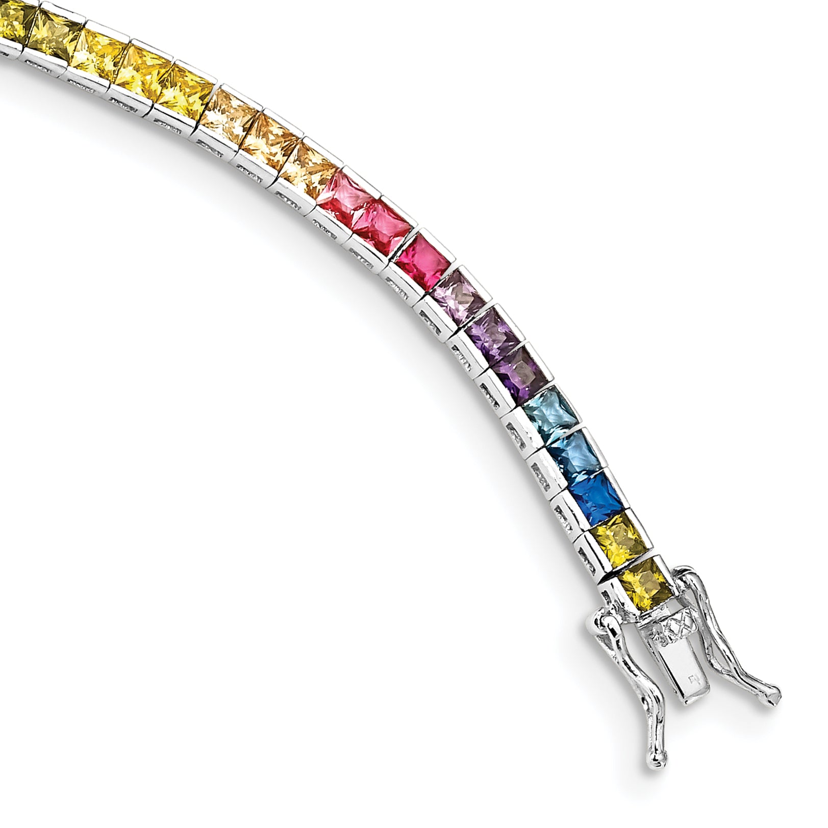 Prizma Sterling Silver Rhodium-Rhodium-Plated 7.25 inch Channel-Set Colorful CZ Bracelet