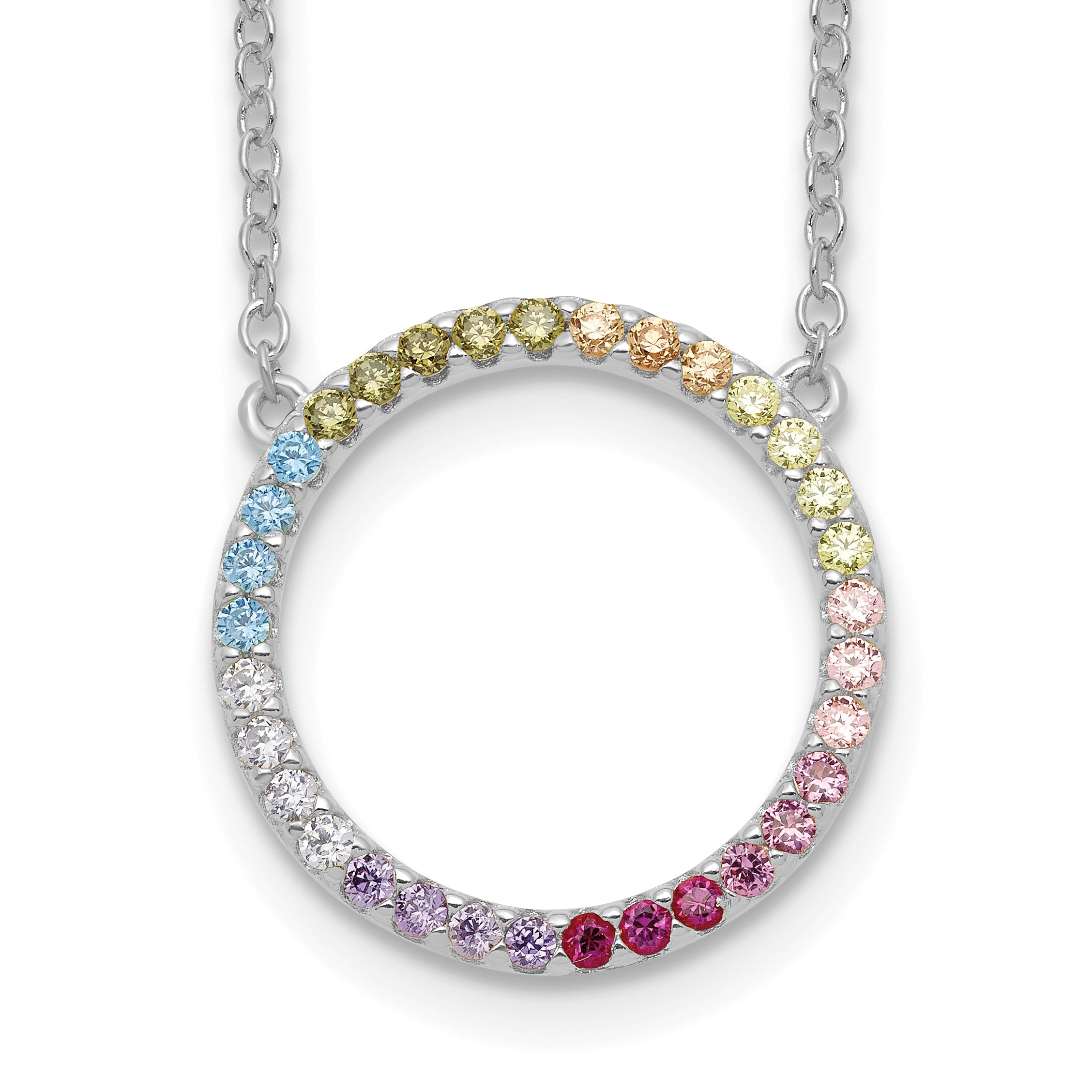 Prizma Sterling Silver Rhodium-Rhodium-Plated 16 inch Colorful CZ Open Circle Necklace with 2 inch Extender Main image