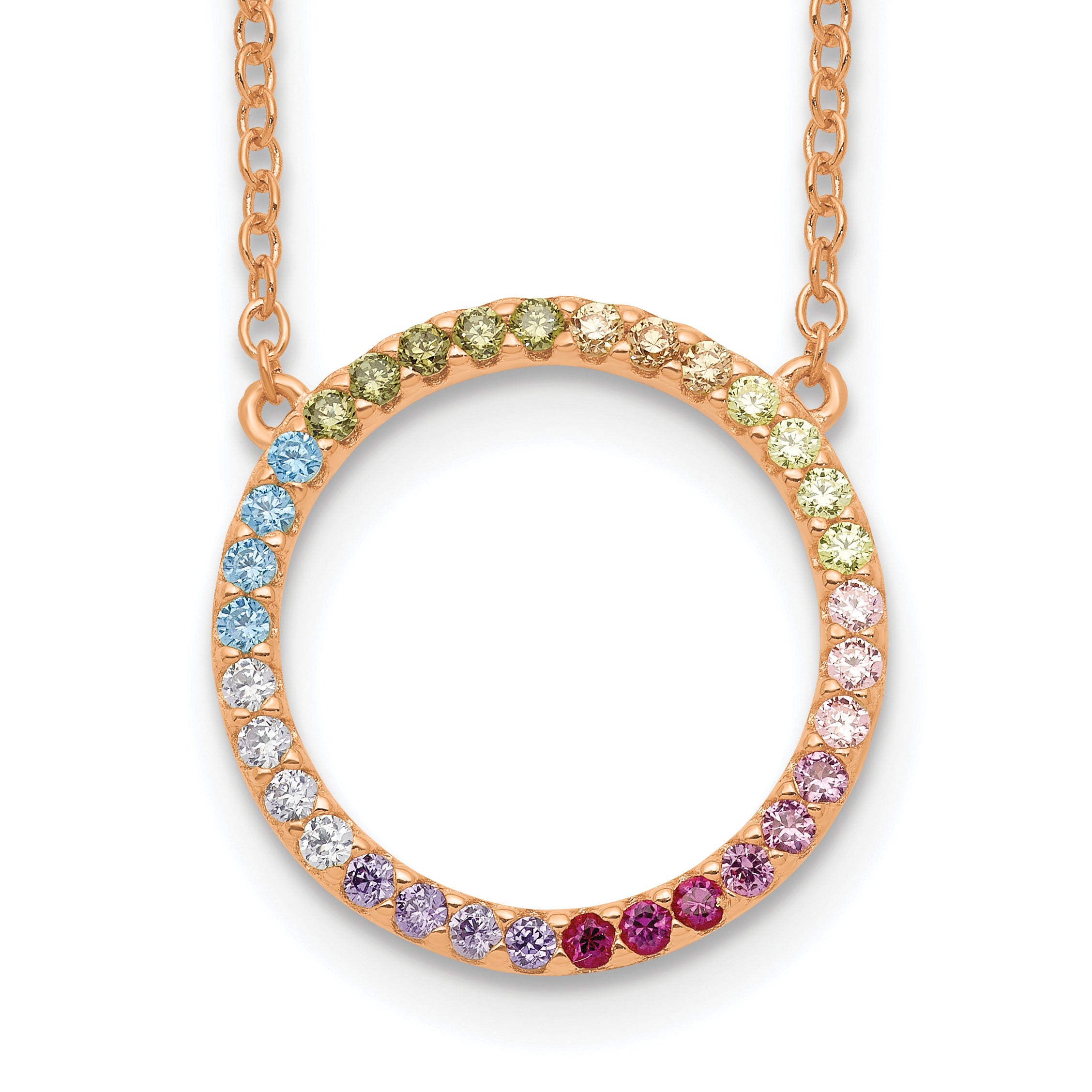 Prizma Sterling Silver Rose-tone 14K Flash Rose Gold-plated 16 inch Colorful CZ Open Circle Necklace with 2 inch Extender