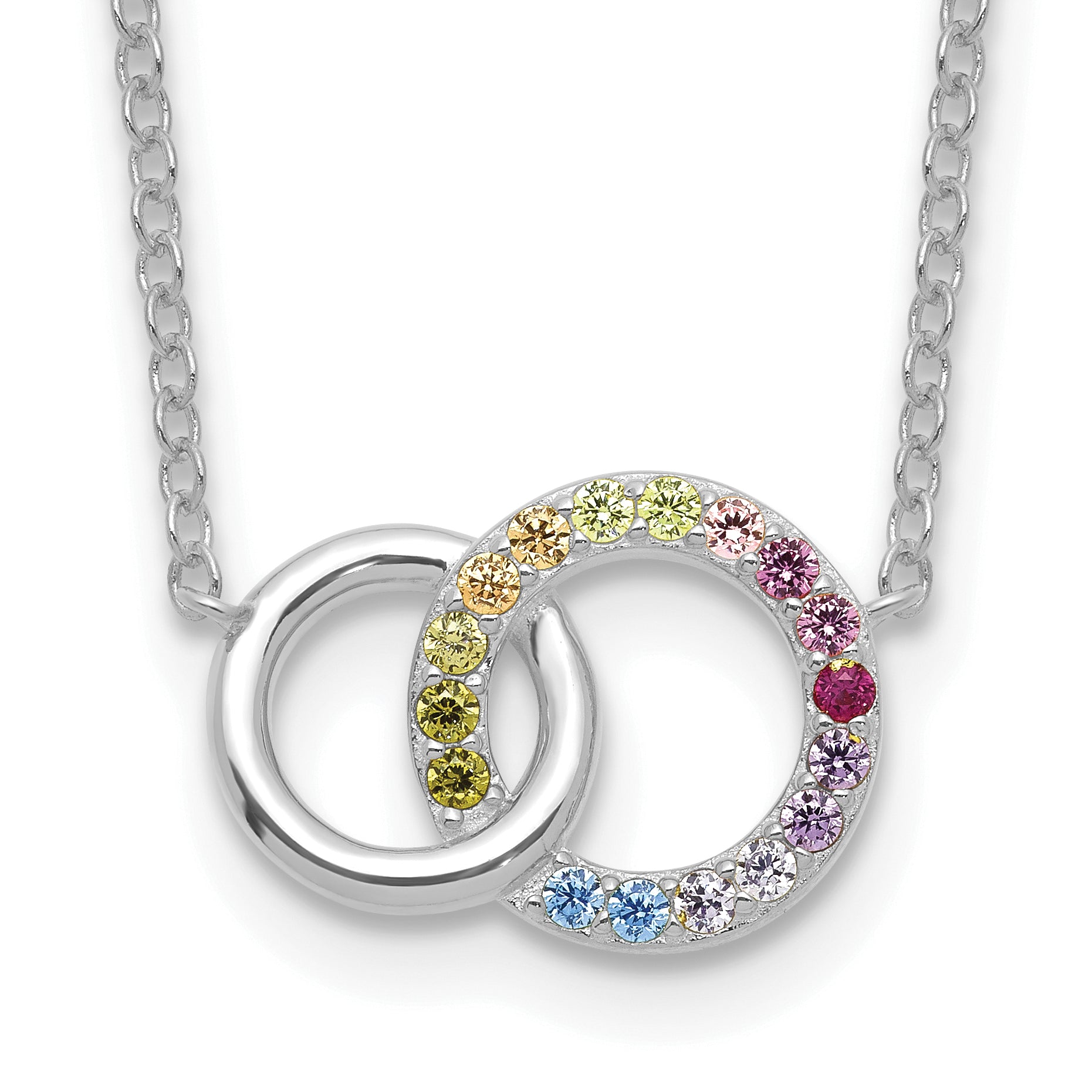 Prizma Sterling Silver Rhodium-Rhodium-Plated 16 inch Colorful CZ Intertwined Circle Necklace with 2 inch Extender Main image