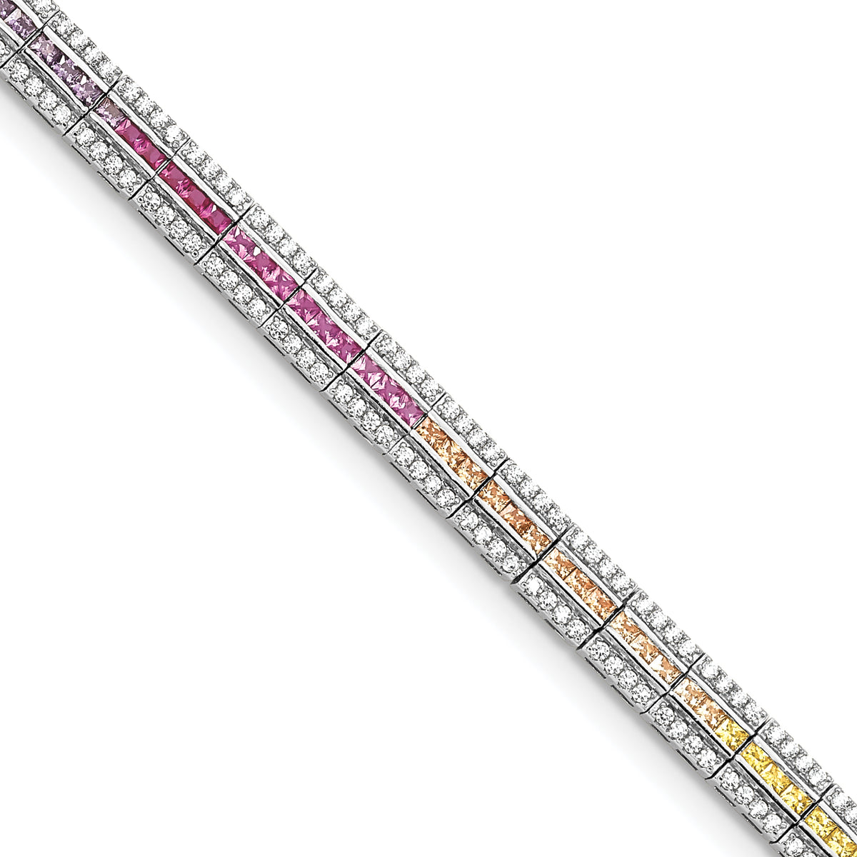 Prizma Sterling Silver Rhodium-Rhodium-Plated 7.25 inch Channel-Set White and Colorful and White CZ Bracelet