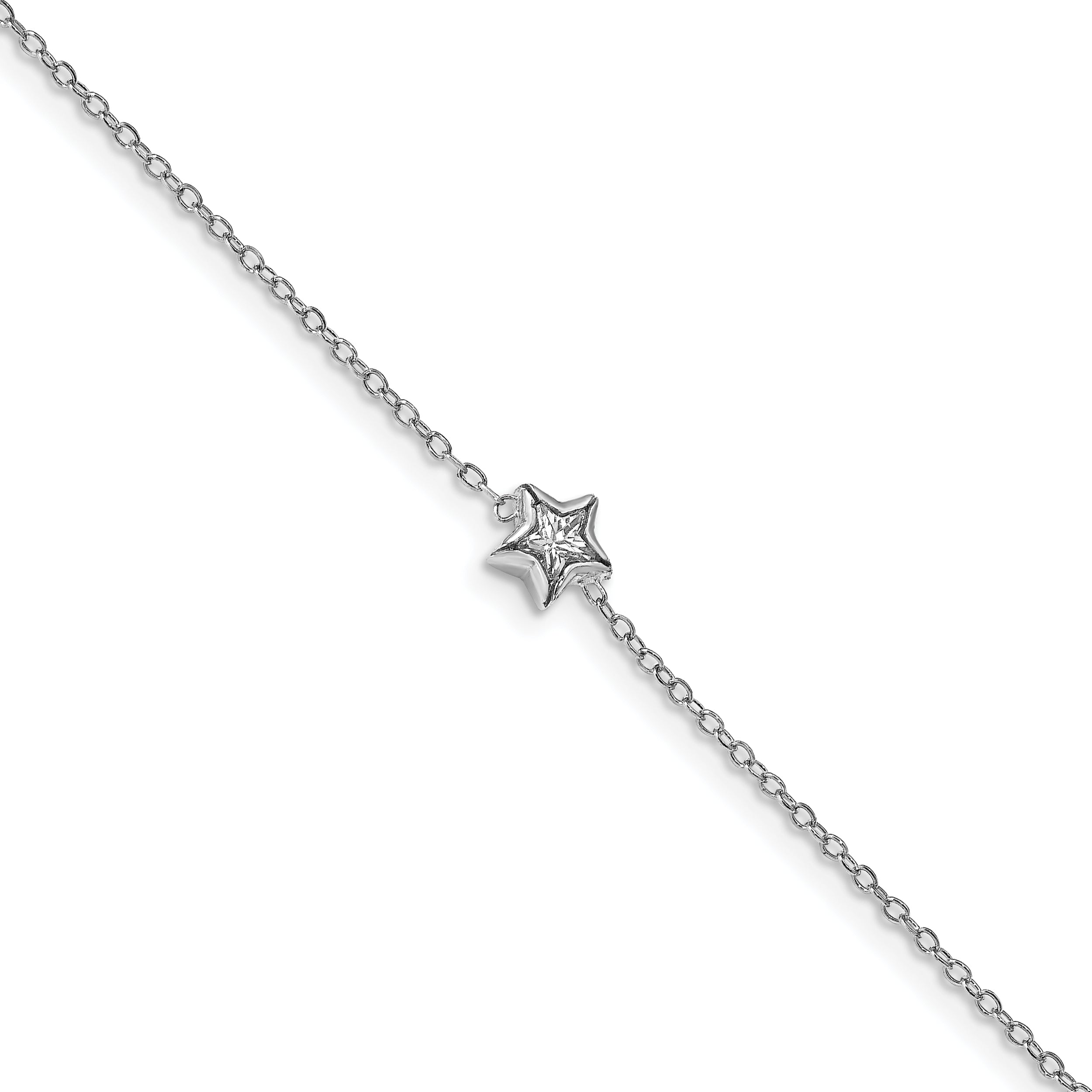 Sterling Silver Rhodium-Rhodium-Plated Bezel Set CZ w/ .5in Ext. Bracelet