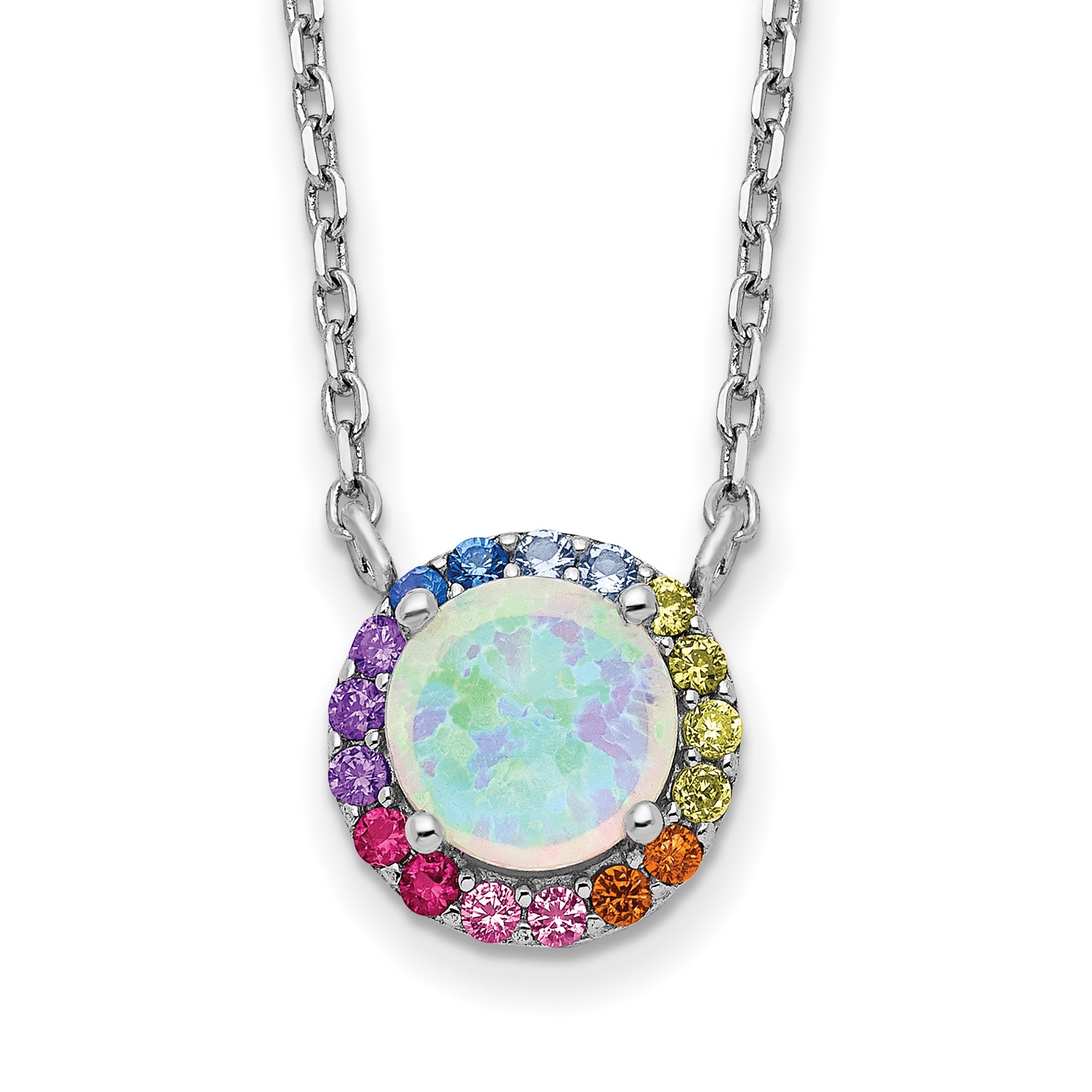 Prizma Sterling Silver Rhodium-Rhodium-Plated 16 inch Lab Created Opal and Colorful CZ Round Necklace with 2 inch Extender
