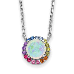 Prizma Sterling Silver Rhodium-Rhodium-Plated 16 inch Lab Created Opal and Colorful CZ Round Necklace with 2 inch Extender