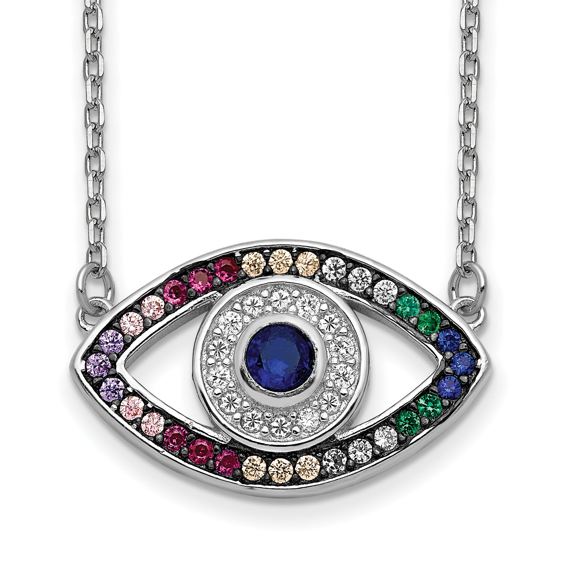 Prizma Sterling Silver Rhodium-Rhodium-Plated 16 inch Colorful CZ Evil Eye Necklace with 2 inch Extender