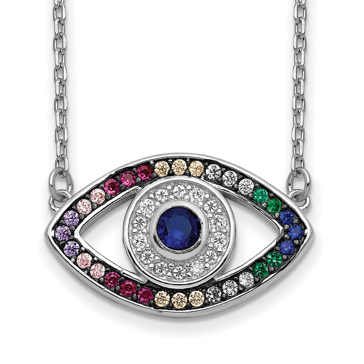 Prizma Sterling Silver Rhodium-Rhodium-Plated 16 inch Colorful CZ Evil Eye Necklace with 2 inch Extender