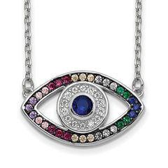 Prizma Sterling Silver Rhodium-Rhodium-Plated 16 inch Colorful CZ Evil Eye Necklace with 2 inch Extender