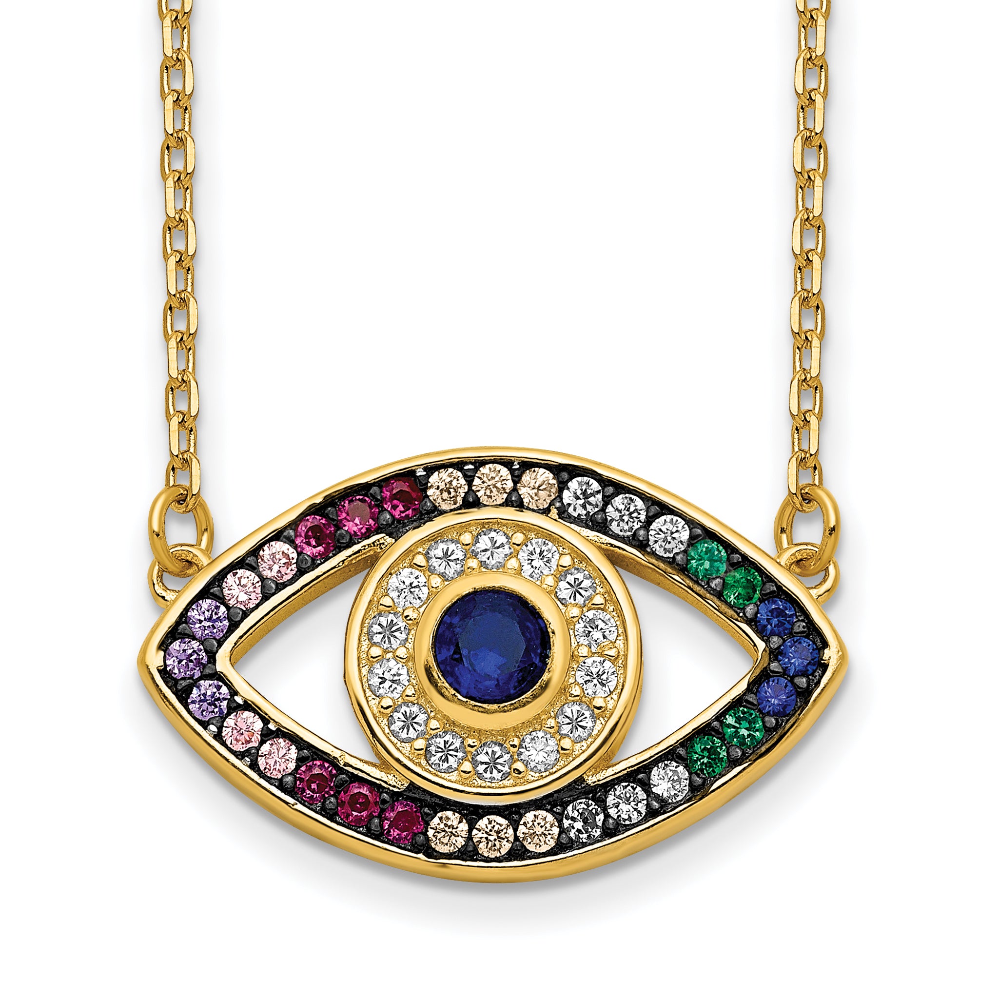 Prizma Sterling Silver Gold-tone 14K Flash Gold-plated 16 inch Colorful CZ Evil Eye Necklace with 2 inch Extender Main image