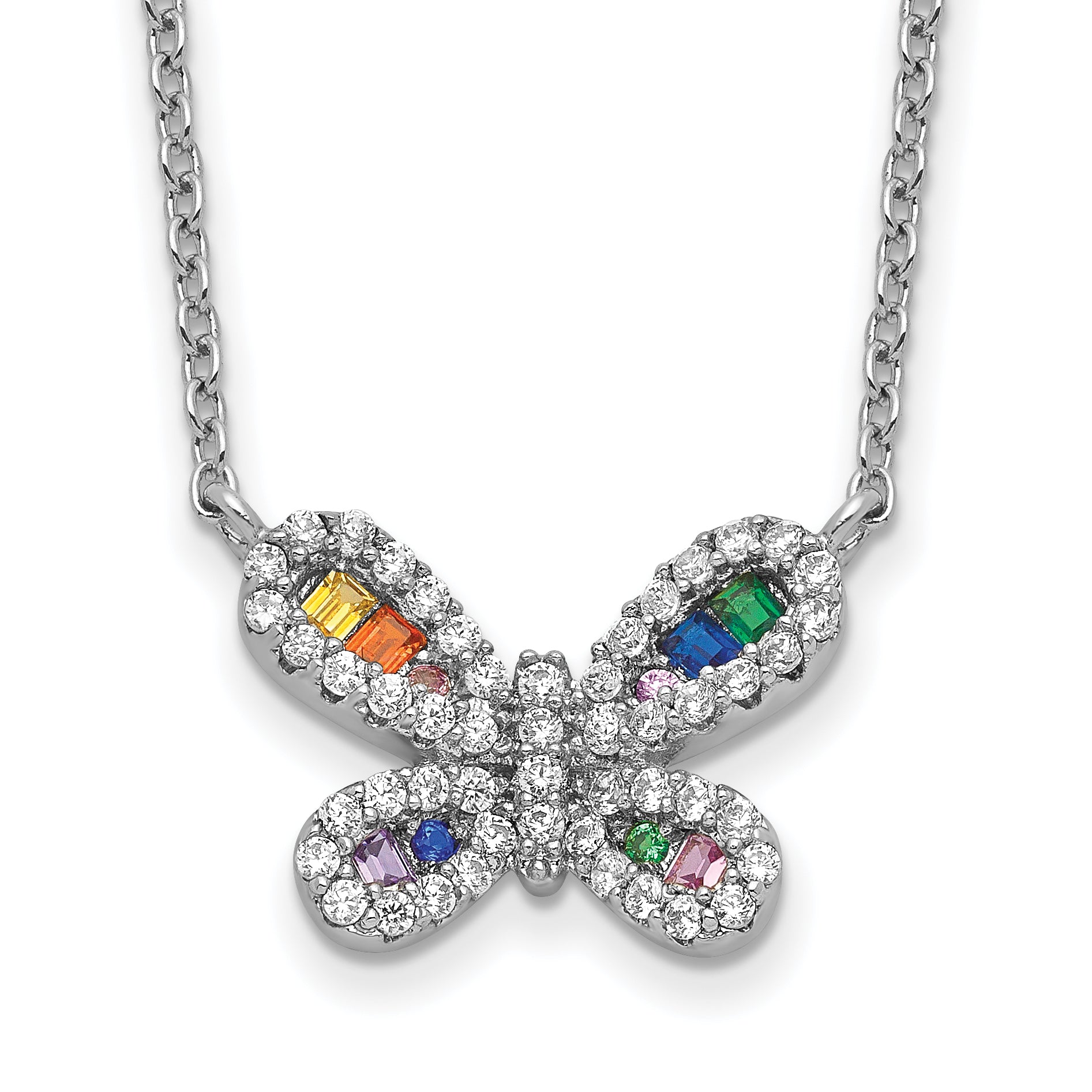 Prizma Sterling Silver Rhodium-Rhodium-Plated 16 inch Colorful CZ Butterfly Necklace with 2 inch Extender Main image