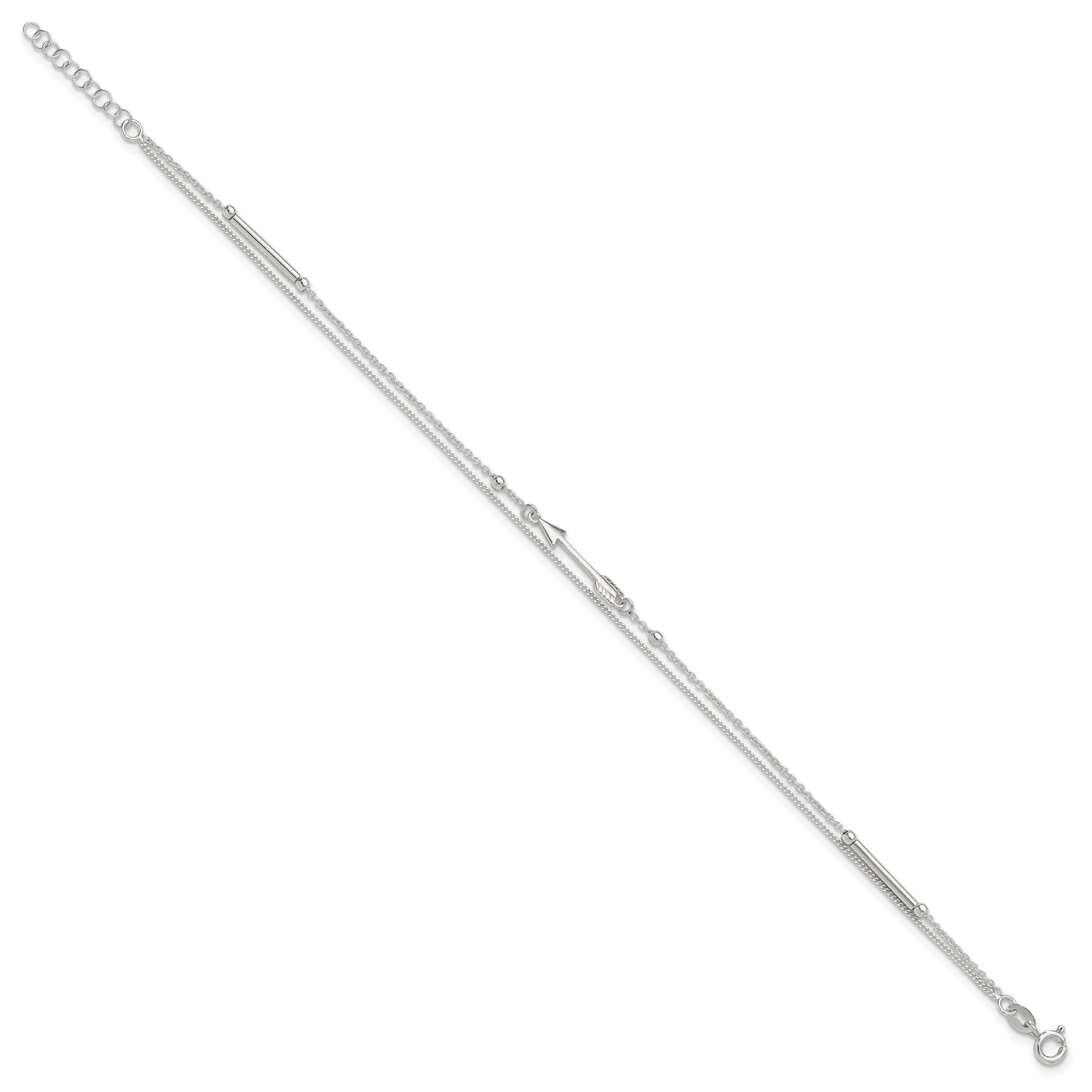 Sterling Silver 9in Plus 1in Ext. 2-strand Arrow and Bar Anklet