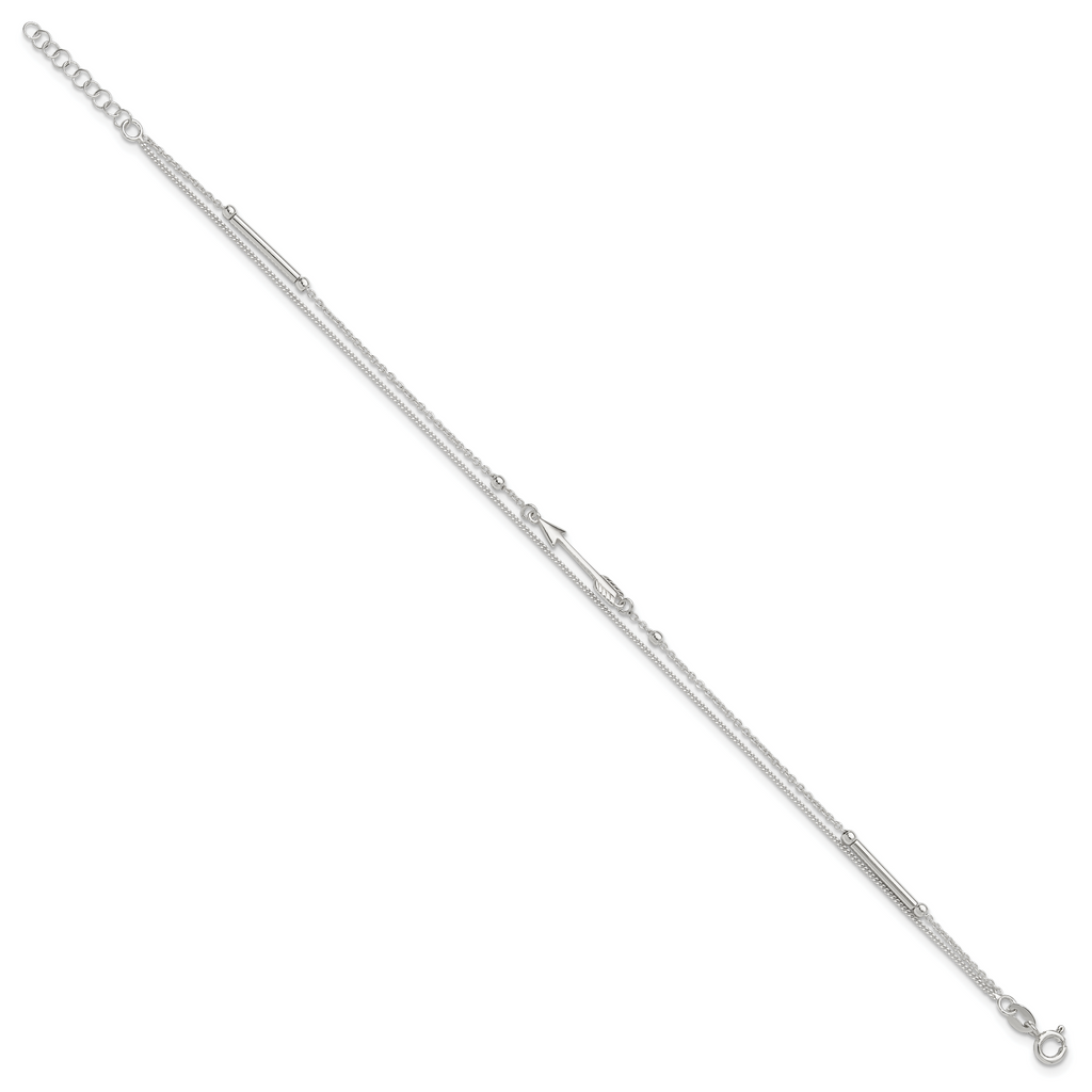 Sterling Silver 9in Plus 1in Ext. 2-strand Arrow and Bar Anklet